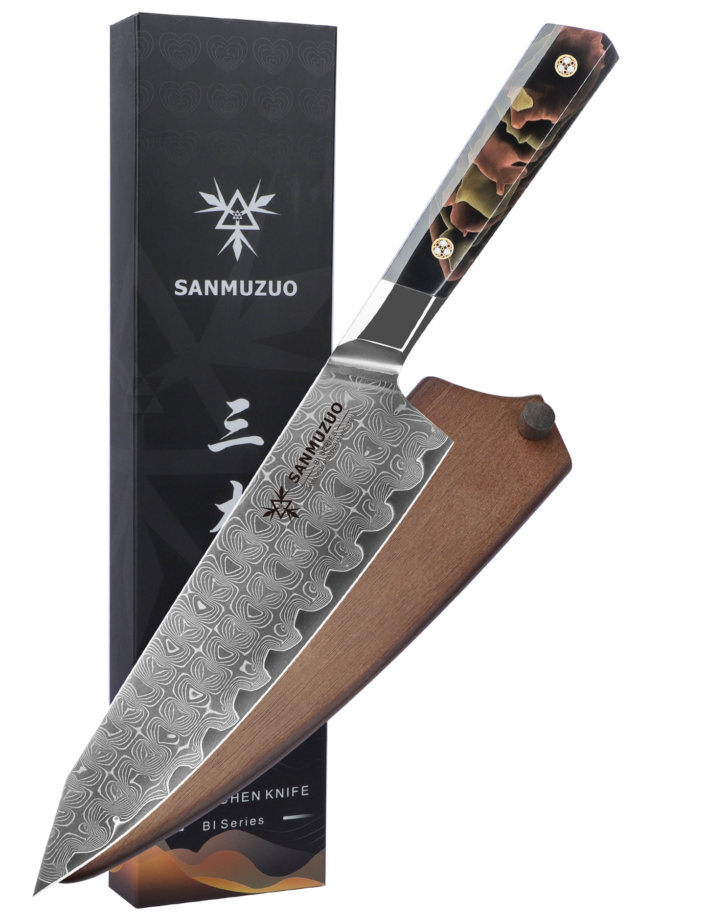 SANMUZUO Kitchen Chef Knife 8 Inch, Professional Kitchen Knife, Ultra Sharp Damascus Powder Steel with Full-tang Resin Handle, BiSheng Series