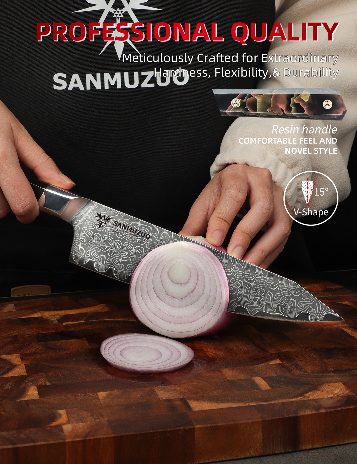 SANMUZUO Kitchen Chef Knife 8 Inch, Professional Kitchen Knife, Ultra Sharp Damascus Powder Steel with Full-tang Resin Handle, BiSheng Series