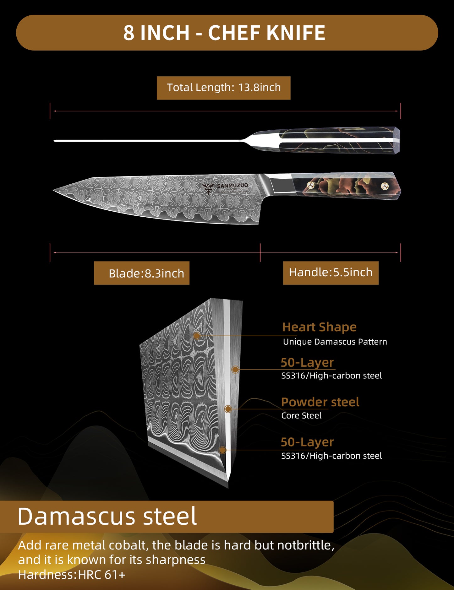 SANMUZUO Kitchen Chef Knife 8 Inch, Professional Kitchen Knife, Ultra Sharp Damascus Powder Steel with Full-tang Resin Handle, BiSheng Series