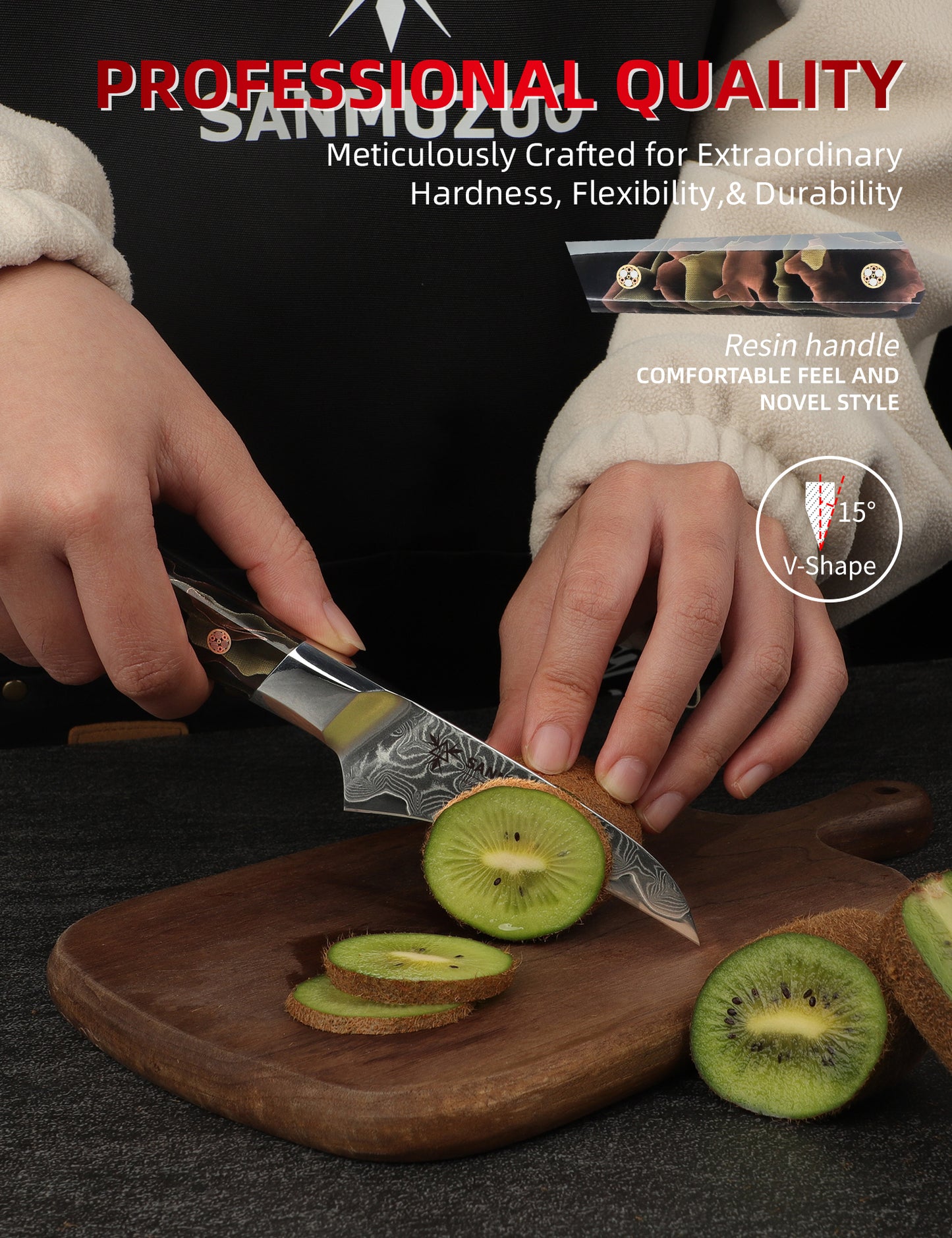 SANMUZUO Bird Beak Paring Knife 3.5 Inch, Professional Kitchen Peeling Knife, Ultra Sharp Damascus Powder Steel with Full-tang Resin Handle, BISHENG Series