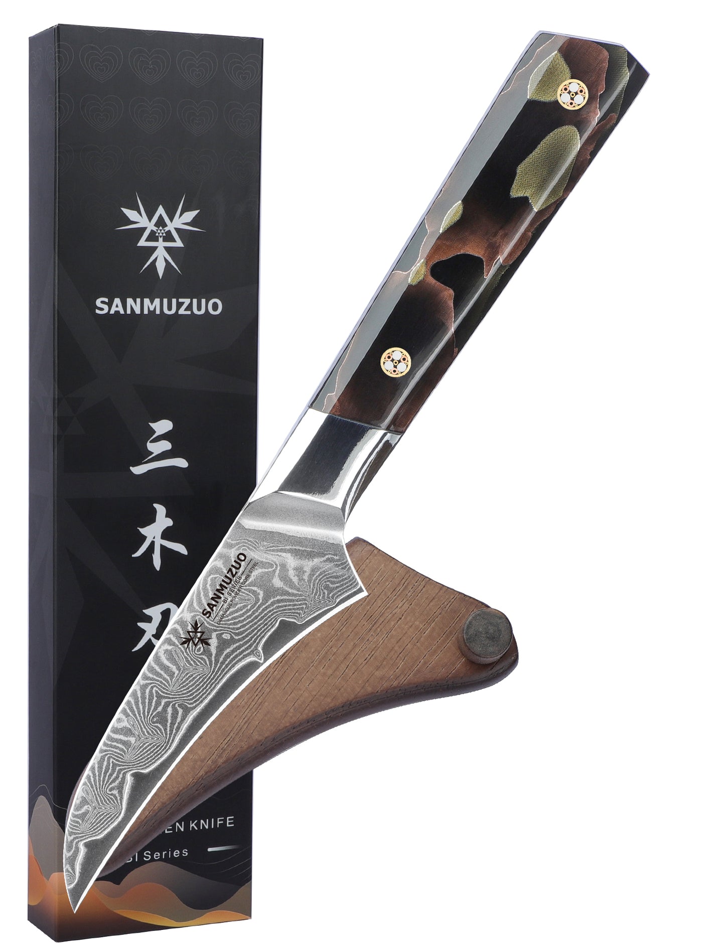 SANMUZUO Bird Beak Paring Knife 3.5 Inch, Professional Kitchen Peeling Knife, Ultra Sharp Damascus Powder Steel with Full-tang Resin Handle, BISHENG Series