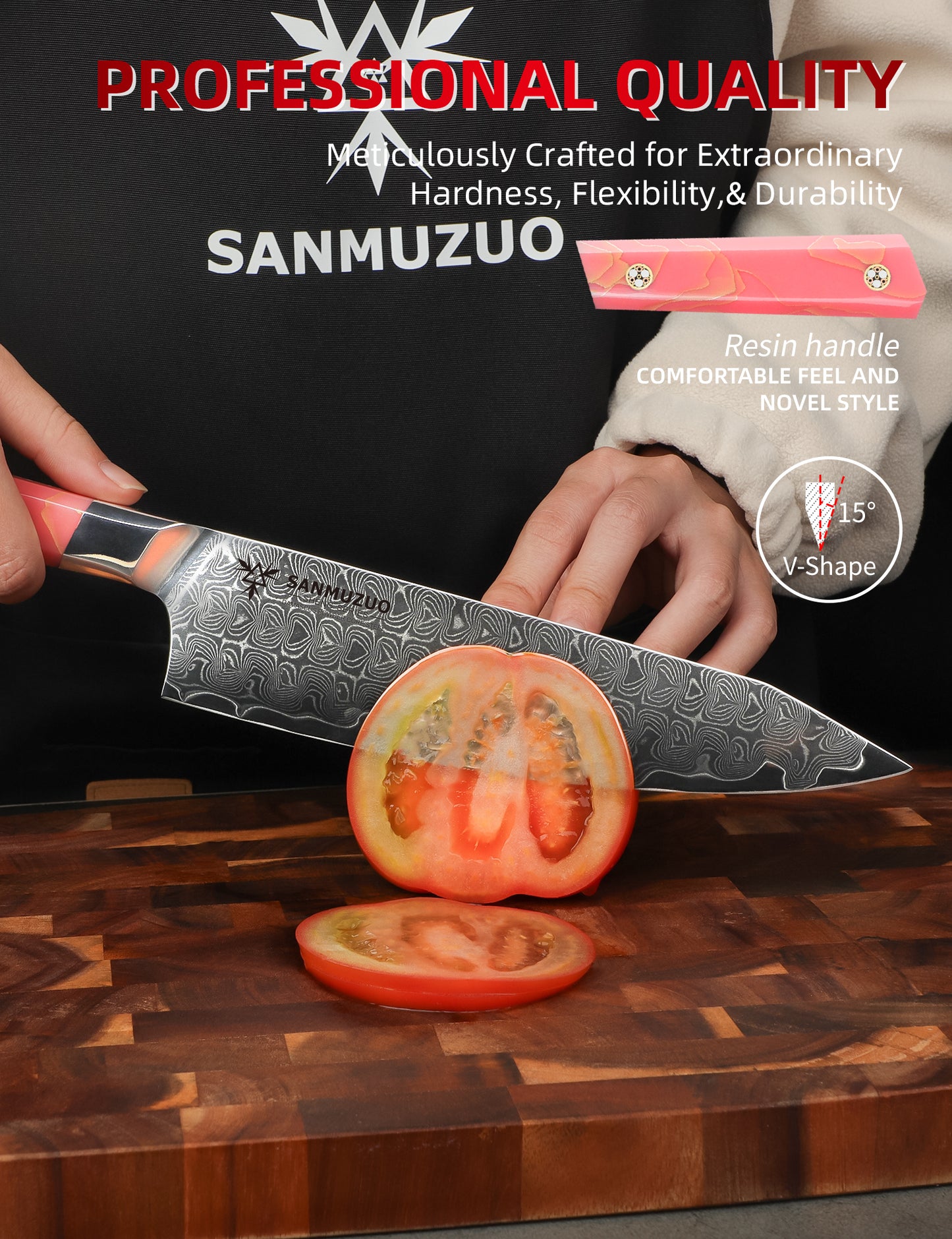 SANMUZUO Kitchen Chef Knife 8 Inch, Professional Kitchen Knife, Ultra Sharp Damascus Powder Steel with Full-tang Resin Handle, BiSheng Series