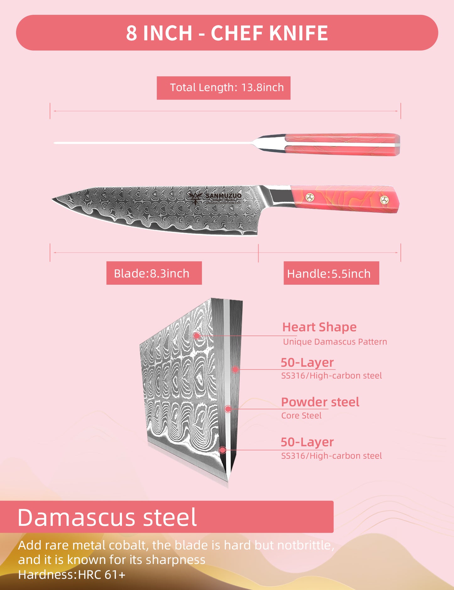 SANMUZUO Kitchen Chef Knife 8 Inch, Professional Kitchen Knife, Ultra Sharp Damascus Powder Steel with Full-tang Resin Handle, BiSheng Series