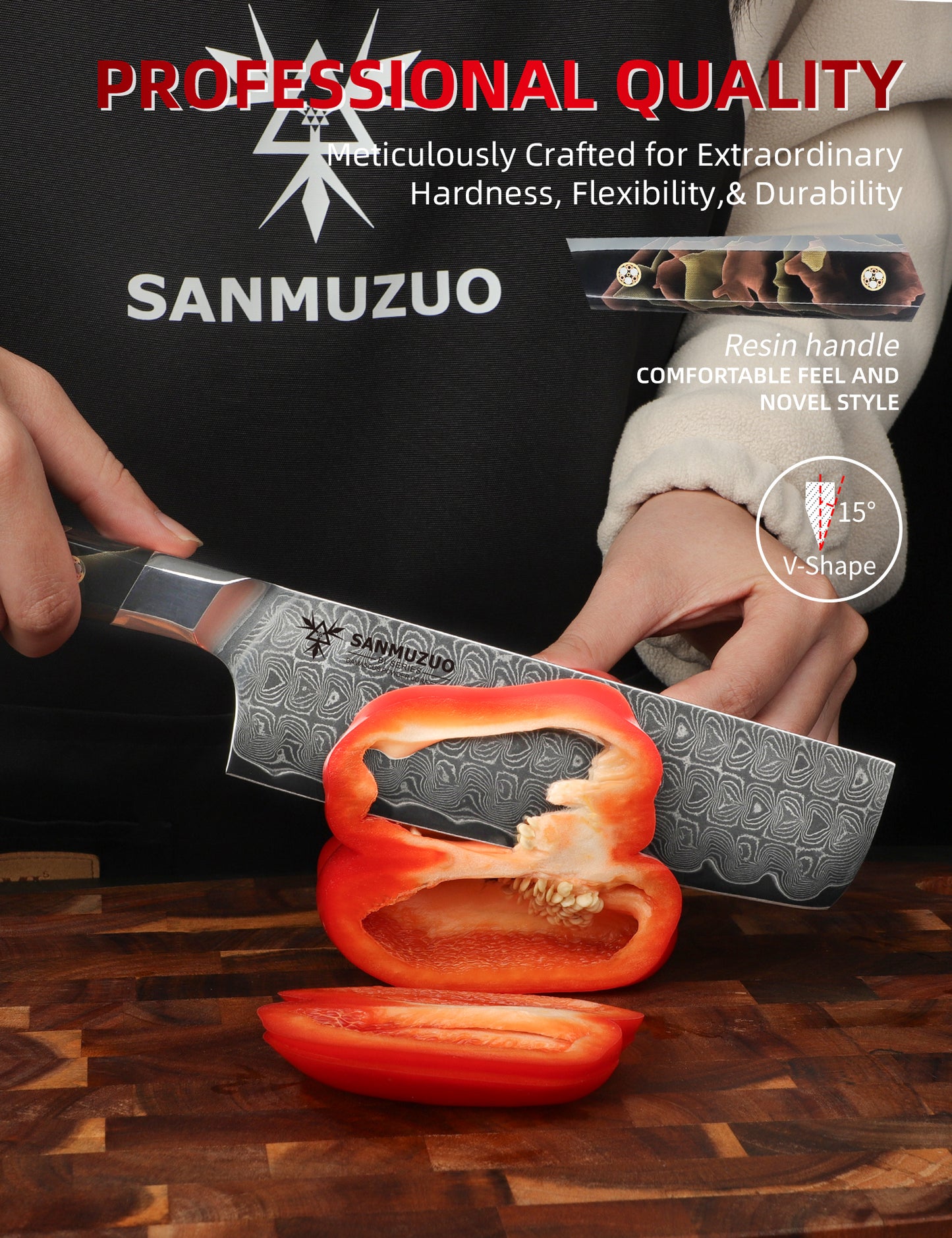 SANMUZUO Kitchen Nakiri Knife 7 Inch, Professional Kitchen Chef Knife, Ultra Sharp Damascus Powder Steel with Full-tang Resin Handle, BISHENG Series