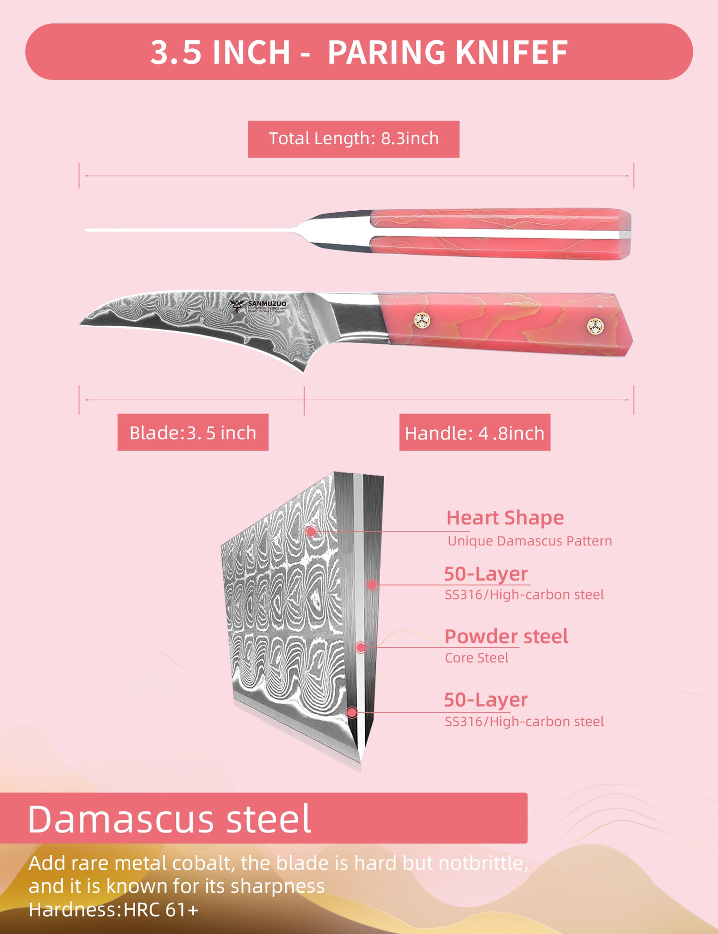 SANMUZUO Bird Beak Paring Knife 3.5 Inch, Professional Kitchen Peeling Knife, Ultra Sharp Damascus Powder Steel with Full-tang Resin Handle, BISHENG Series