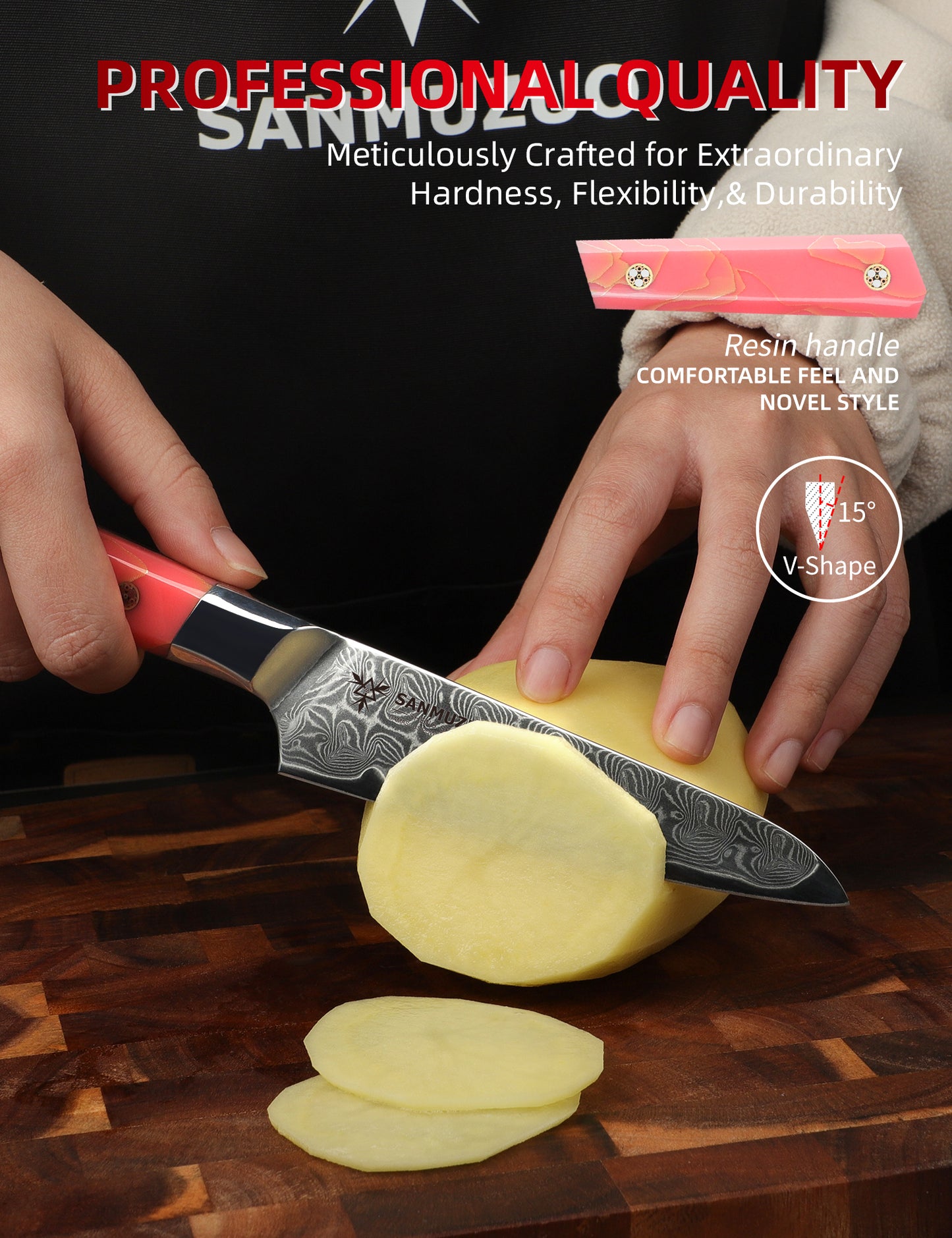 SANMUZUO Kitchen Utility Knife 5 Inch, Professional Kitchen Chef Knife, Ultra Sharp Damascus Powder Steel with Full-tang Resin Handle, BiSheng Series