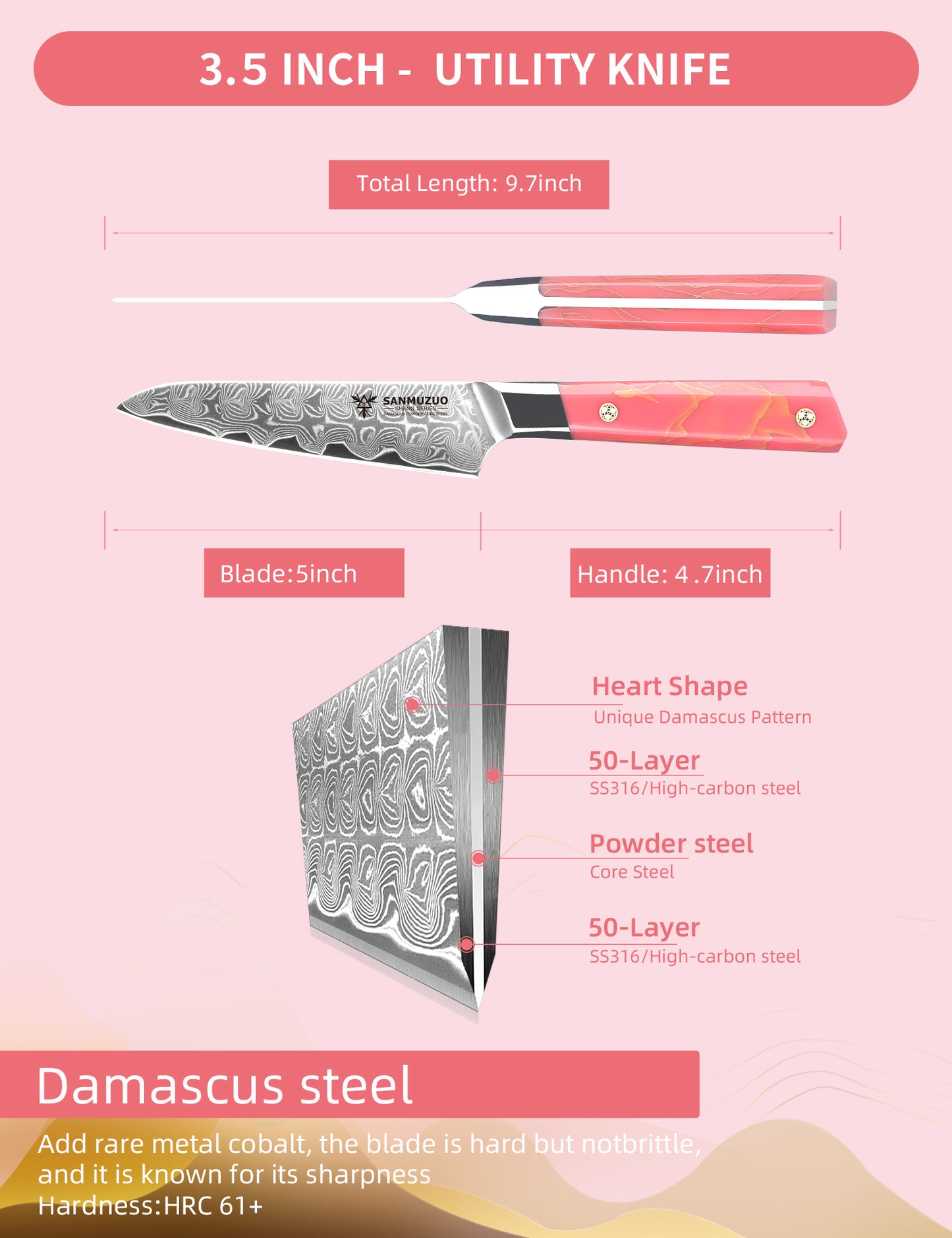SANMUZUO Kitchen Utility Knife 5 Inch, Professional Kitchen Chef Knife, Ultra Sharp Damascus Powder Steel with Full-tang Resin Handle, BiSheng Series