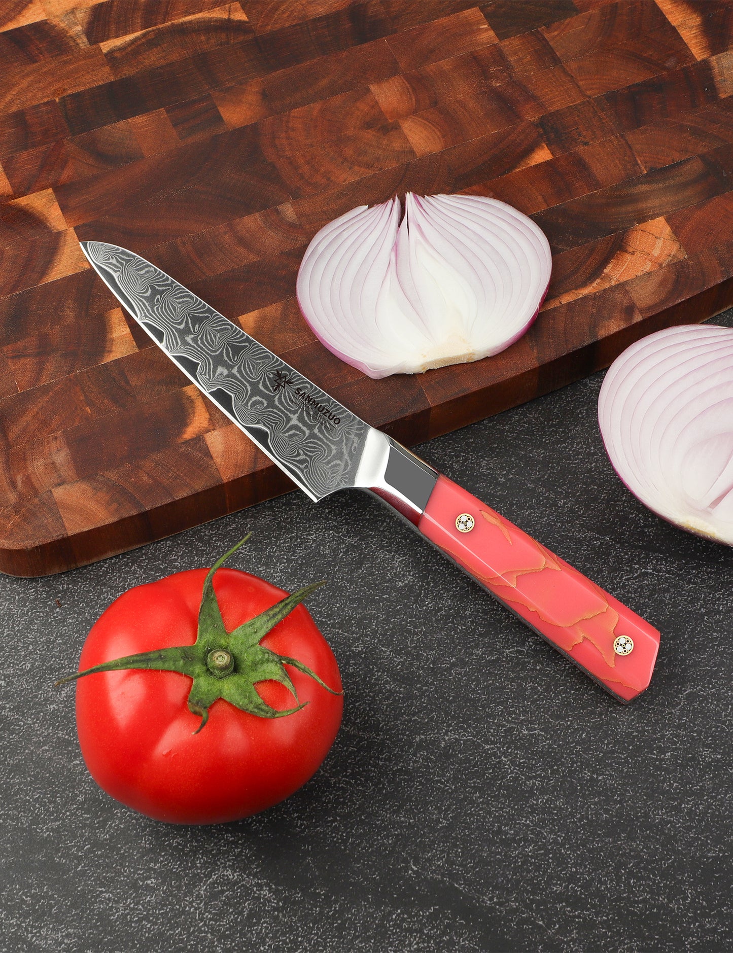 SANMUZUO Kitchen Utility Knife 5 Inch, Professional Kitchen Chef Knife, Ultra Sharp Damascus Powder Steel with Full-tang Resin Handle, BiSheng Series