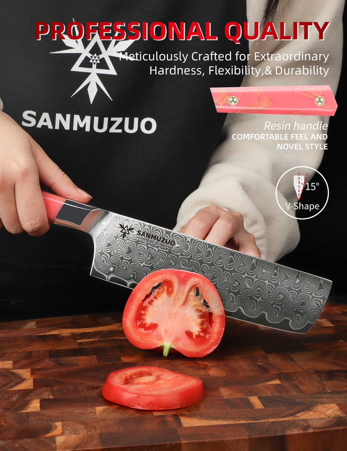 SANMUZUO Kitchen Nakiri Knife 7 Inch, Professional Kitchen Chef Knife, Ultra Sharp Damascus Powder Steel with Full-tang Resin Handle, BISHENG Series