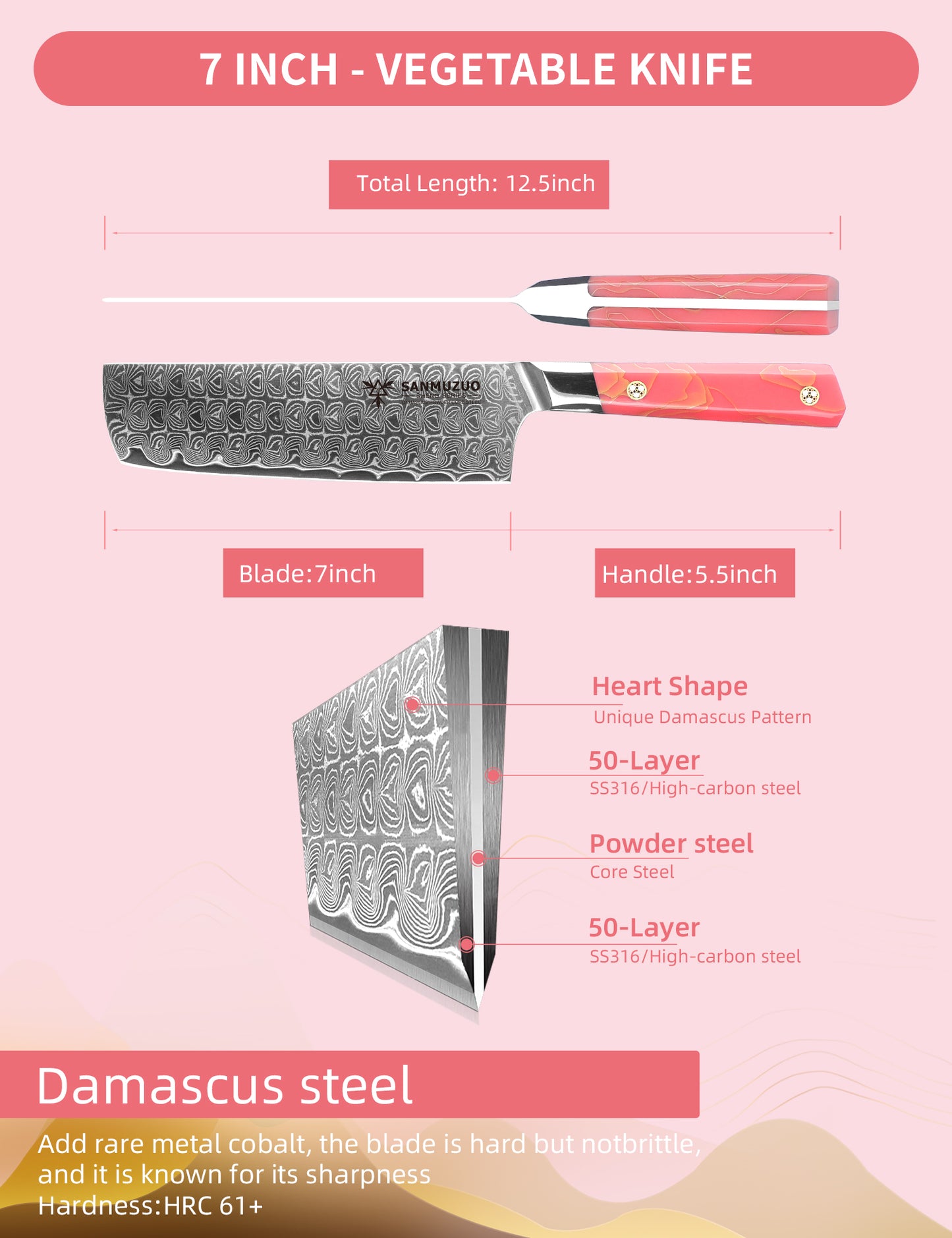 SANMUZUO Kitchen Nakiri Knife 7 Inch, Professional Kitchen Chef Knife, Ultra Sharp Damascus Powder Steel with Full-tang Resin Handle, BISHENG Series