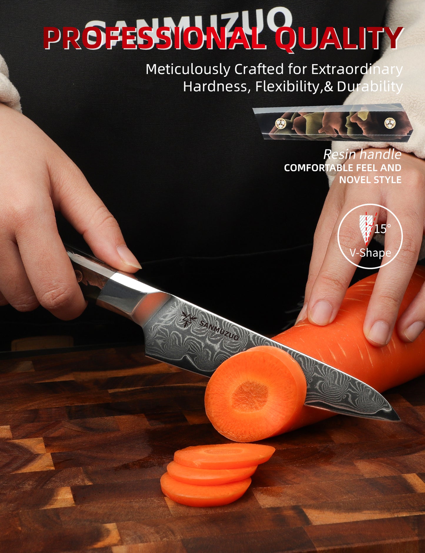 SANMUZUO Kitchen Utility Knife 5 Inch, Professional Kitchen Chef Knife, Ultra Sharp Damascus Powder Steel with Full-tang Resin Handle, BiSheng Series