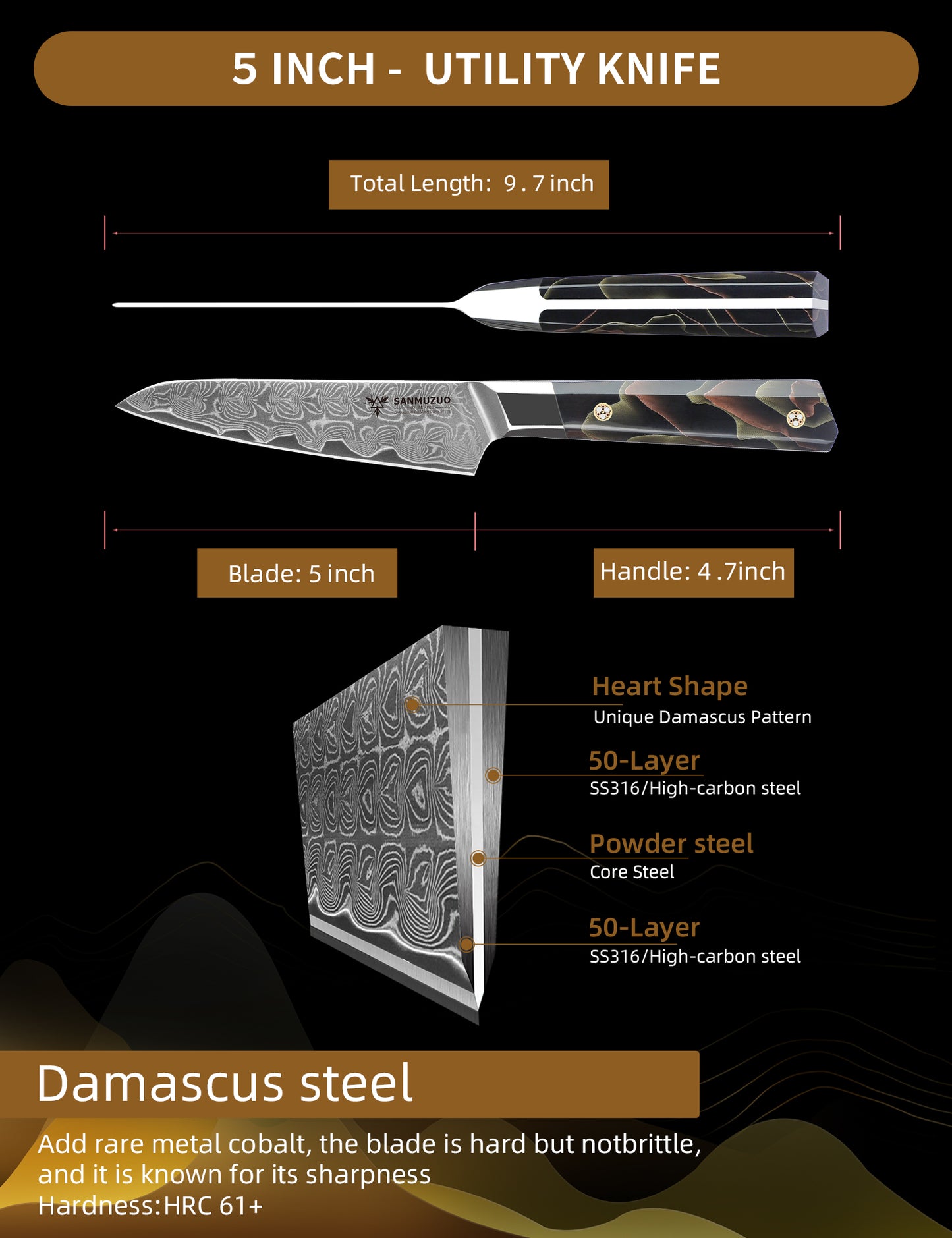 SANMUZUO Kitchen Utility Knife 5 Inch, Professional Kitchen Chef Knife, Ultra Sharp Damascus Powder Steel with Full-tang Resin Handle, BiSheng Series