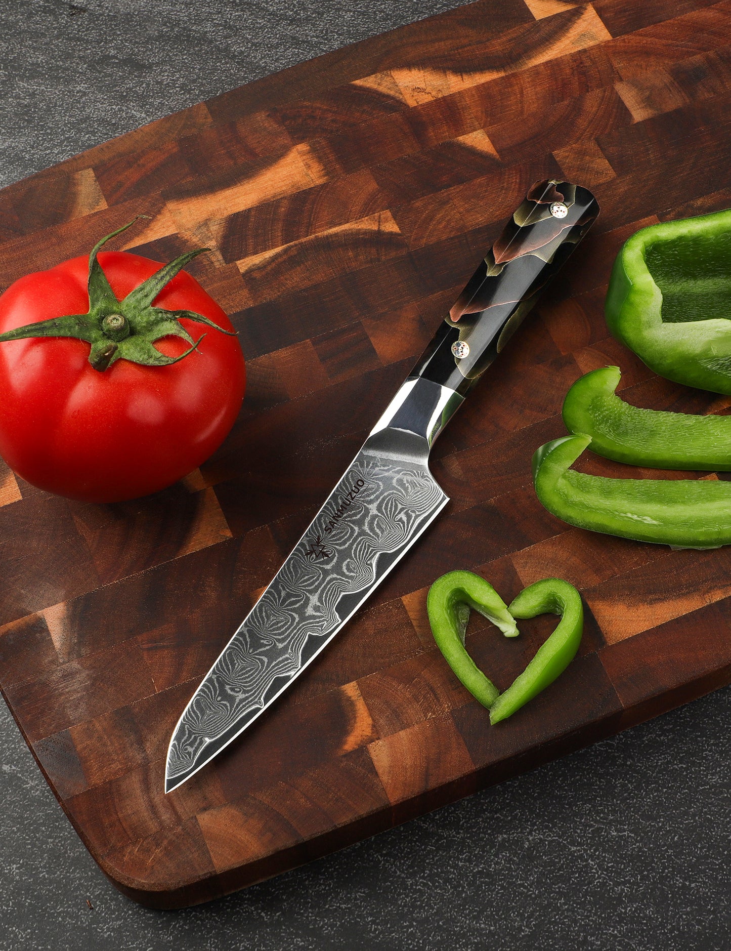 SANMUZUO Kitchen Utility Knife 5 Inch, Professional Kitchen Chef Knife, Ultra Sharp Damascus Powder Steel with Full-tang Resin Handle, BiSheng Series