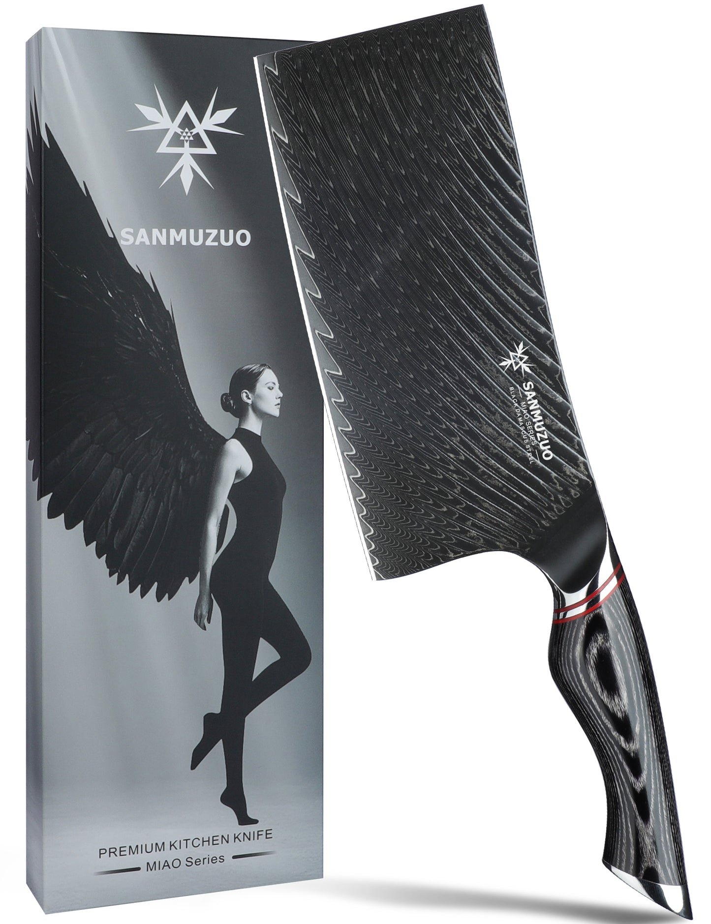 SANMUZUO 7 Inch Meat Cleaver Knife - Chinese Kitchen Vegetable Cleaver - Black Damascus Steel with Ergonomic Handle - MIAO Series