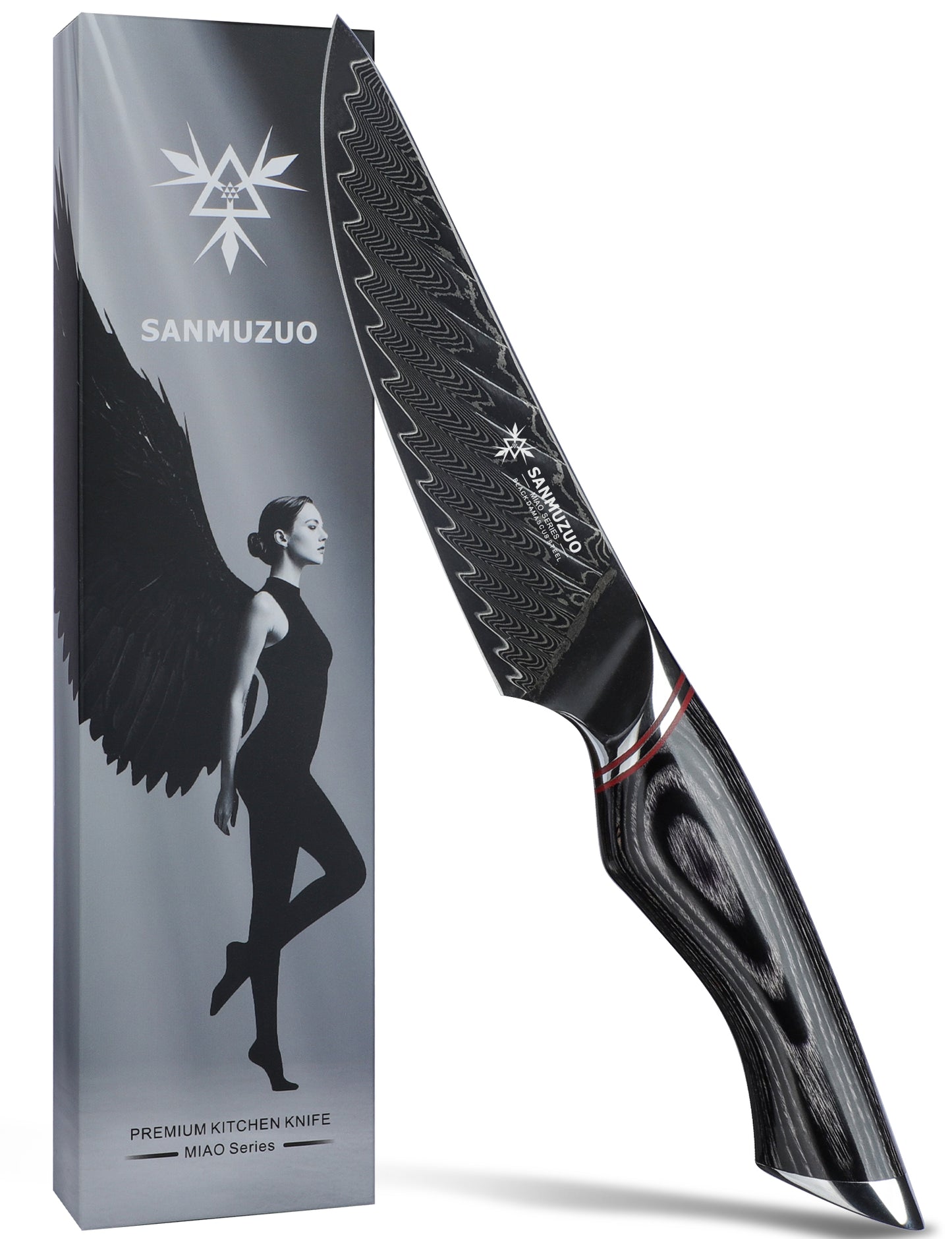 SANMUZUO 5 Inch Utility Knife - Fruit and Vegetable Knives, Black Damascus Steel with Ergonomic Handle - MIAO Series