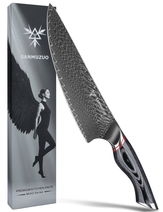 SANMUZUO Chef Knife 8 Inch - Professional Japanese Kitchen Knife - Black Damascus Steel with Ergonomic Handle - MIAO Series