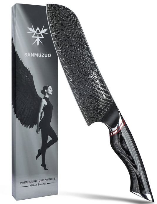 SANMUZUO Japanese 7" Santoku Knife - Kitchen Chef Knife - Black Damascus Steel with Ergonomic Handle - MIAO Series