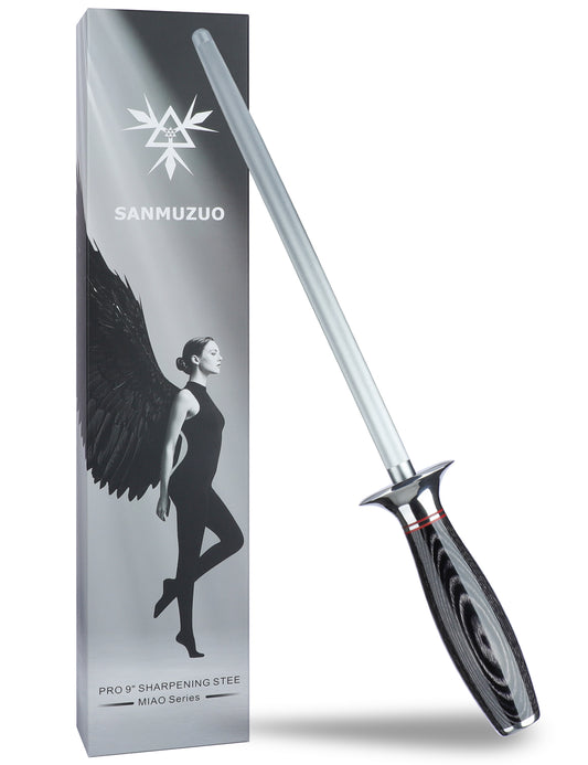 SANMUZUO Honing Rod, Sharpening Steel for Kitchen Knives – 9" Honing Steel with Pakkawood Handle – MIAO Series