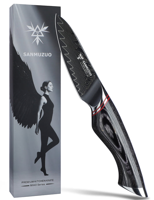 SANMUZUO 3.5 Inch Paring Knife - Fruit and Vegetable Peeling Knives, Black Damascus Steel with Ergonomic Handle - MIAO