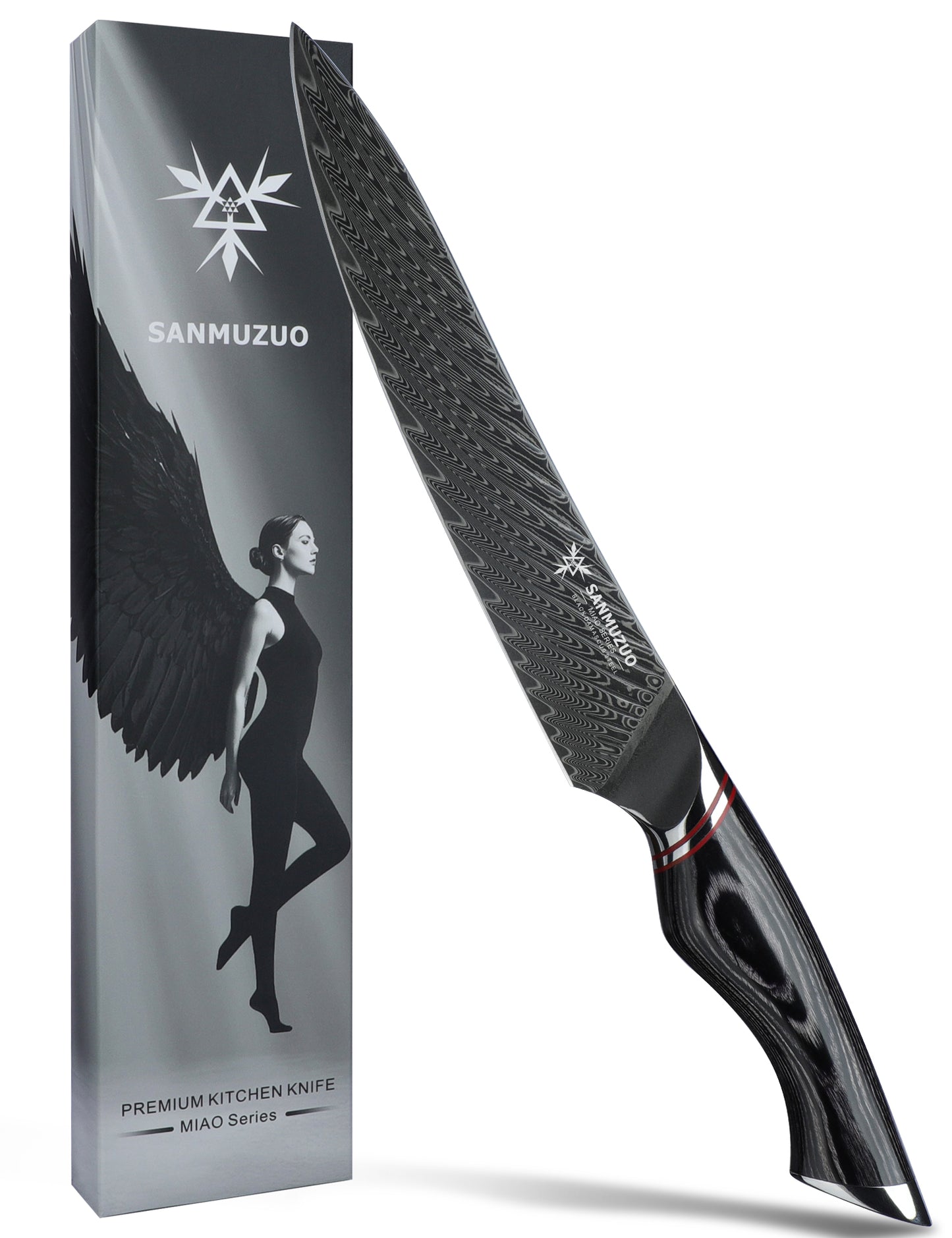 SANMUZUO 8 Inch Carving Knife, Slicing Knife - Black Damascus Steel with Ergonomic Handle - MIAO Series