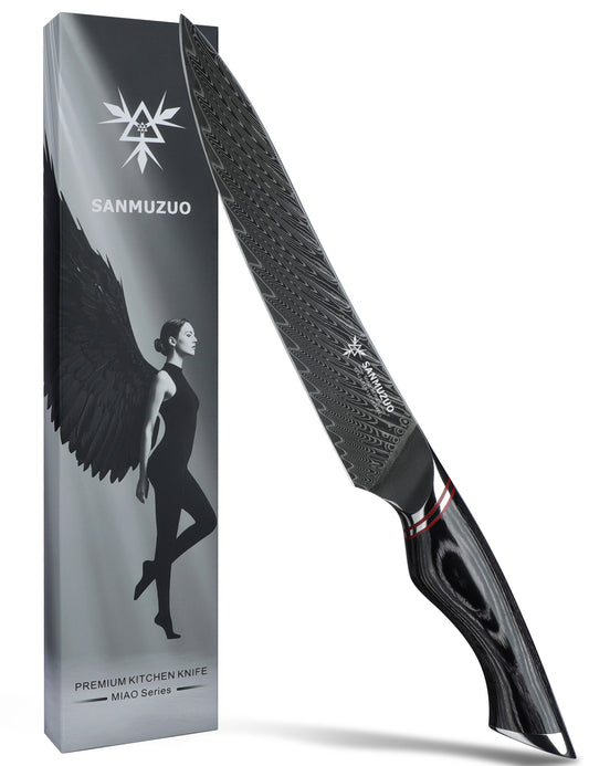 SANMUZUO 8 Inch Carving Knife, Slicing Knife - Black Damascus Steel with Ergonomic Handle - MIAO Series