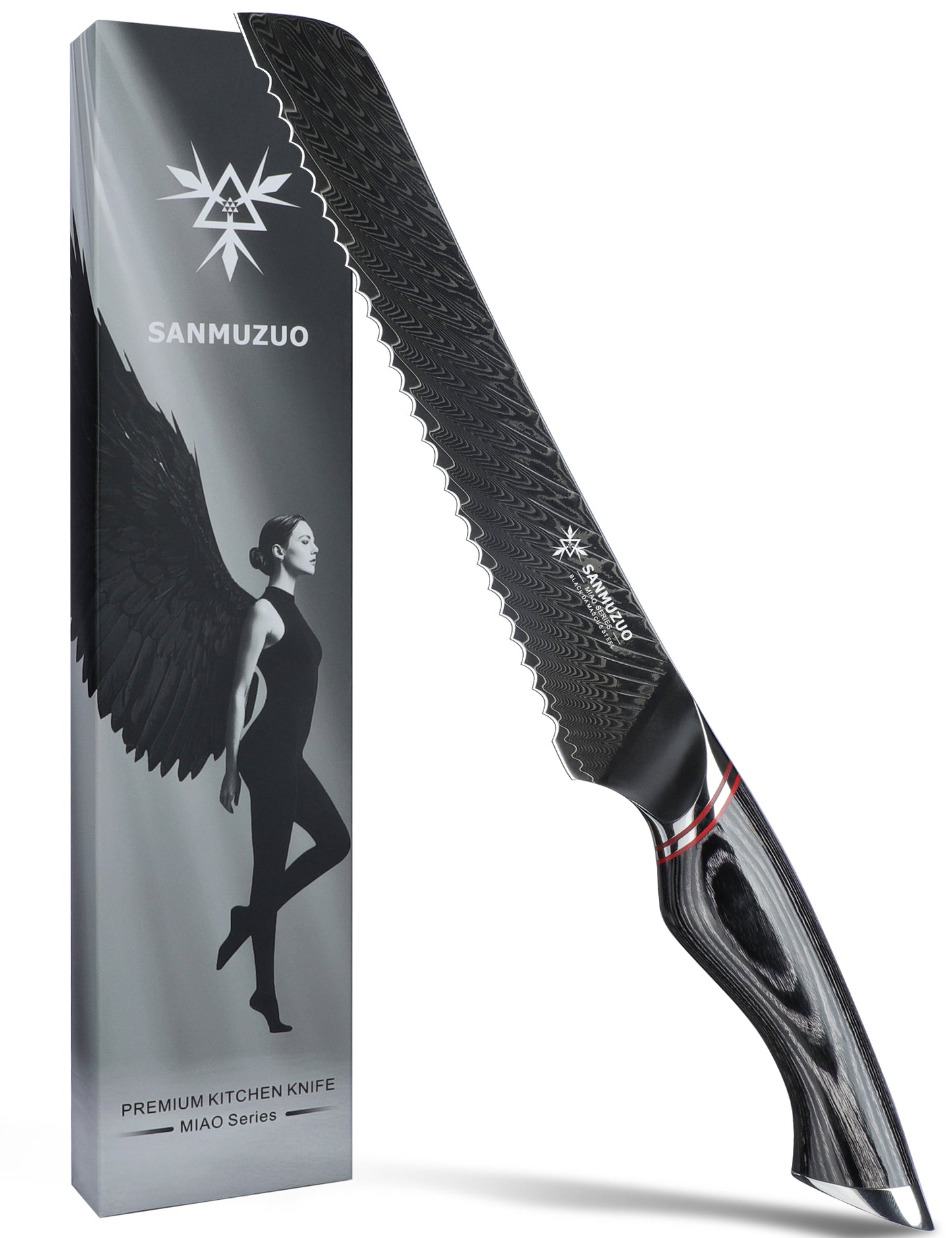SANMUZUO 8 Inch Bread Knife Serrated Blade - Black Damascus Steel with Ergonomic Handle - MIAO Series