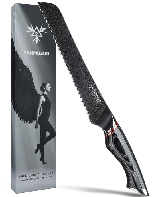 SANMUZUO 8 Inch Bread Knife Serrated Blade - Black Damascus Steel with Ergonomic Handle - MIAO Series