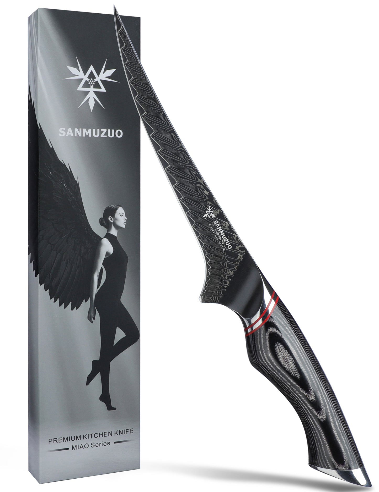 SANMUZUO 7 Inch Fillet Knife - Professional Kitchen Boning Knife - Black Damascus Steel with Ergonomic Handle - MIAO Series