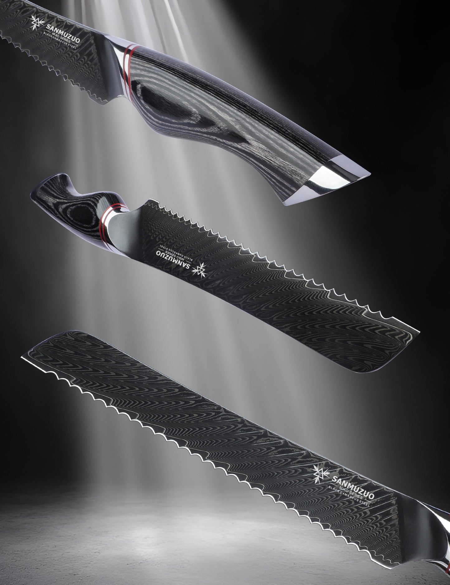 SANMUZUO 8 Inch Bread Knife Serrated Blade - Black Damascus Steel with Ergonomic Handle - MIAO Series