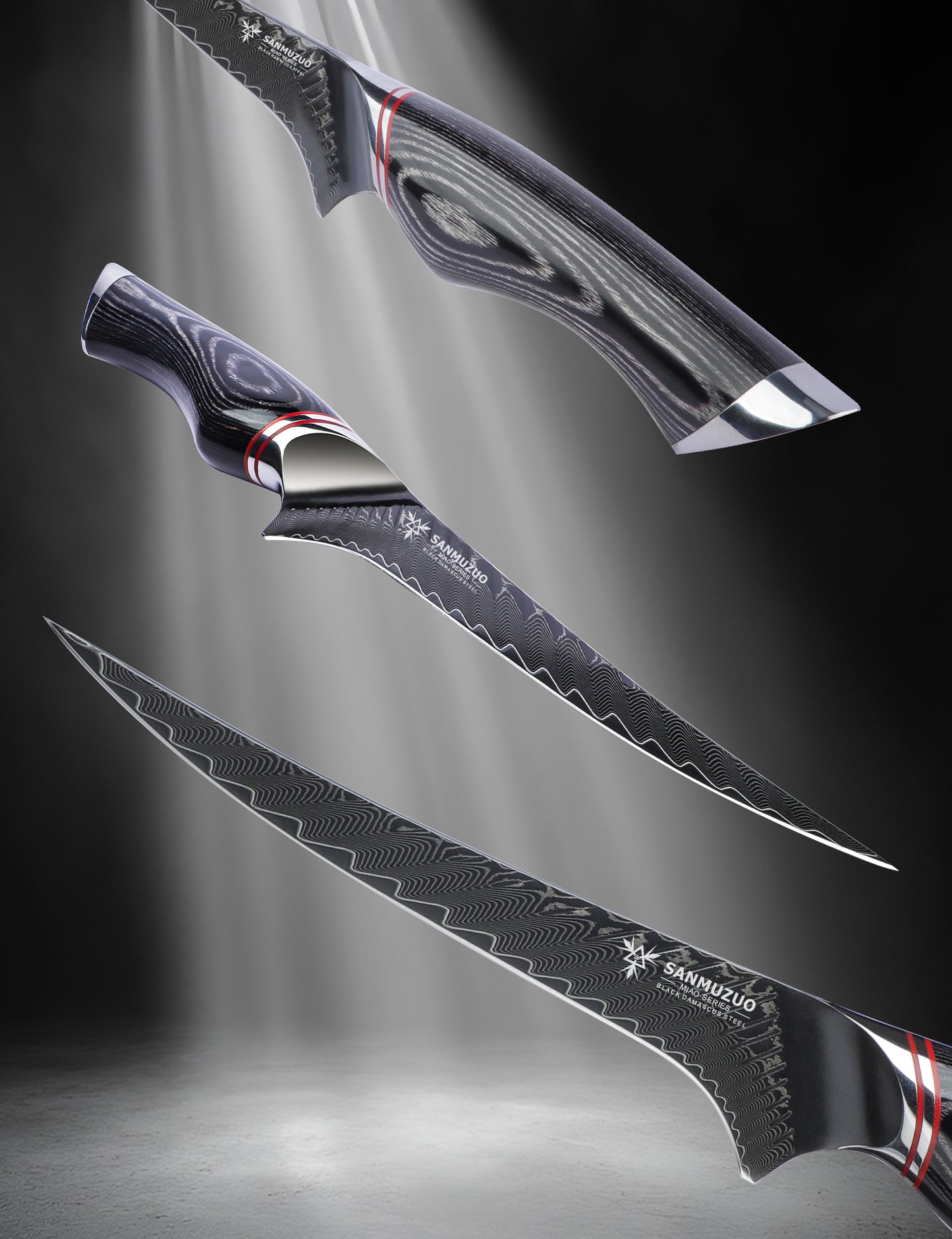 SANMUZUO 7 Inch Fillet Knife - Professional Kitchen Boning Knife - Black Damascus Steel with Ergonomic Handle - MIAO Series