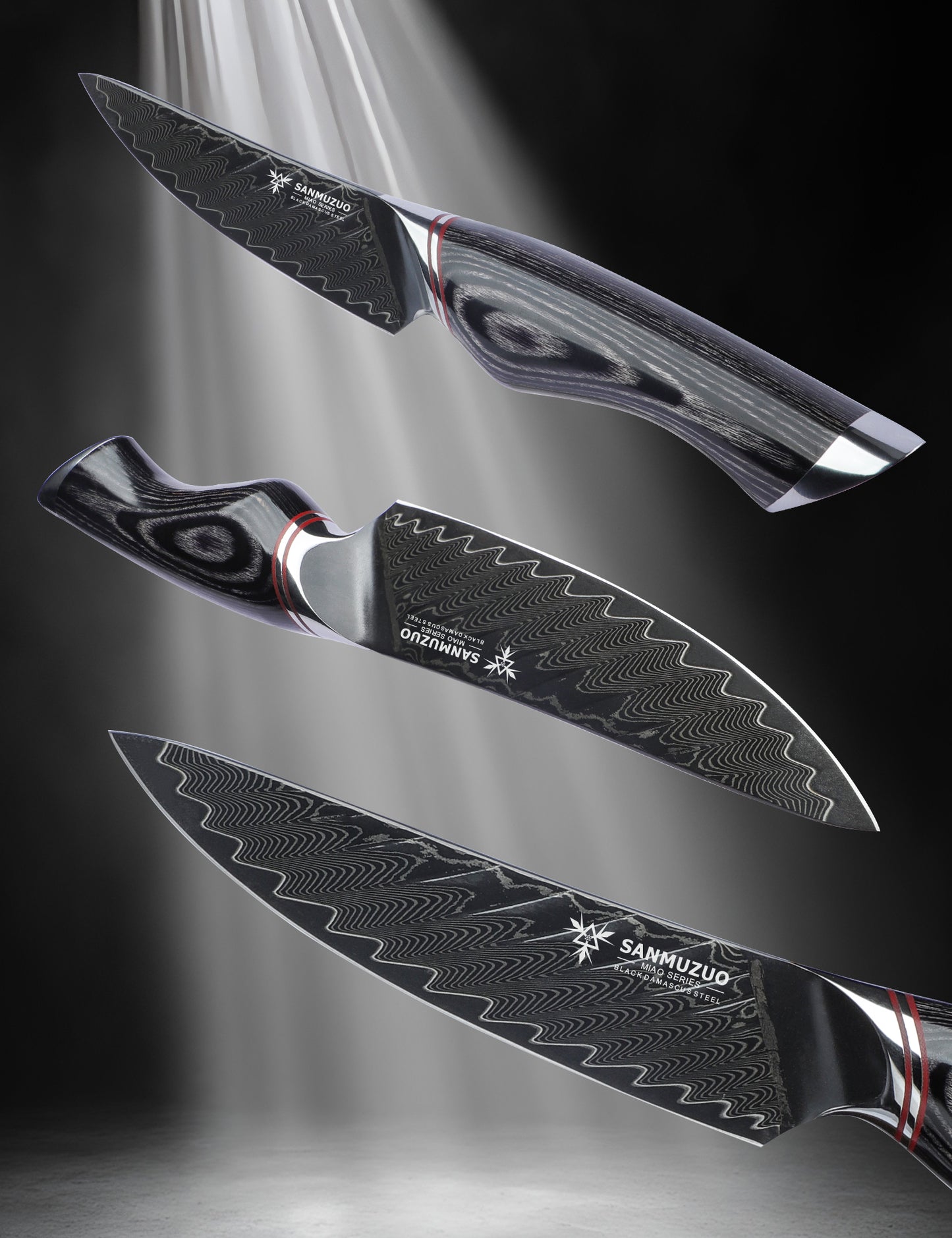 SANMUZUO 5 Inch Utility Knife - Fruit and Vegetable Knives, Black Damascus Steel with Ergonomic Handle - MIAO Series