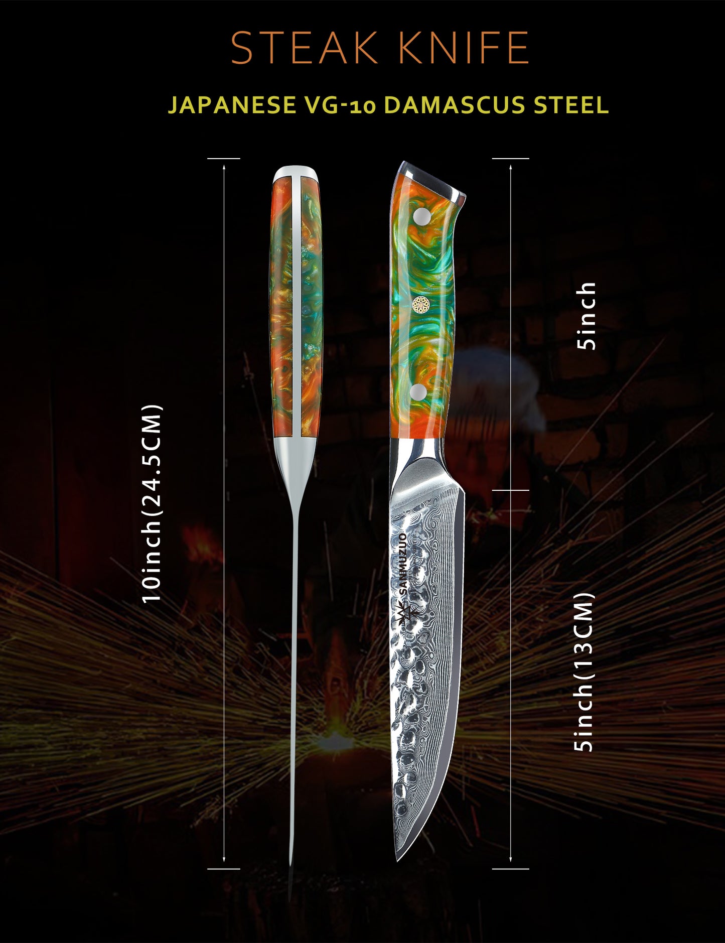 SANMUZUO Steak Knives Set of 4, Ultra Sharp Kitchen Steak Knife 5 Inch - Forged Damascus Steel & Resin Handle - Yao Series