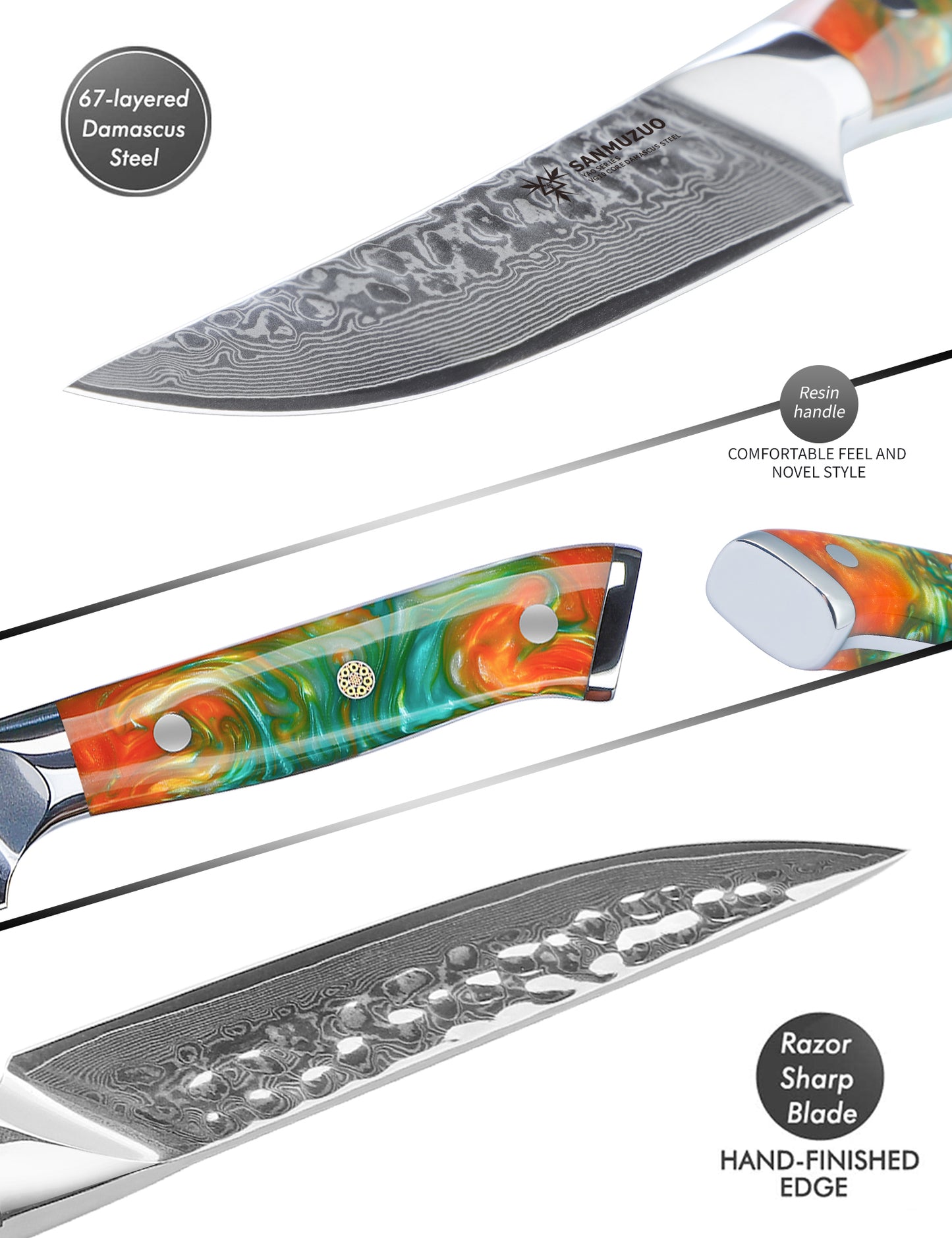 SANMUZUO Steak Knives Set of 4, Ultra Sharp Kitchen Steak Knife 5 Inch - Forged Damascus Steel & Resin Handle - Yao Series