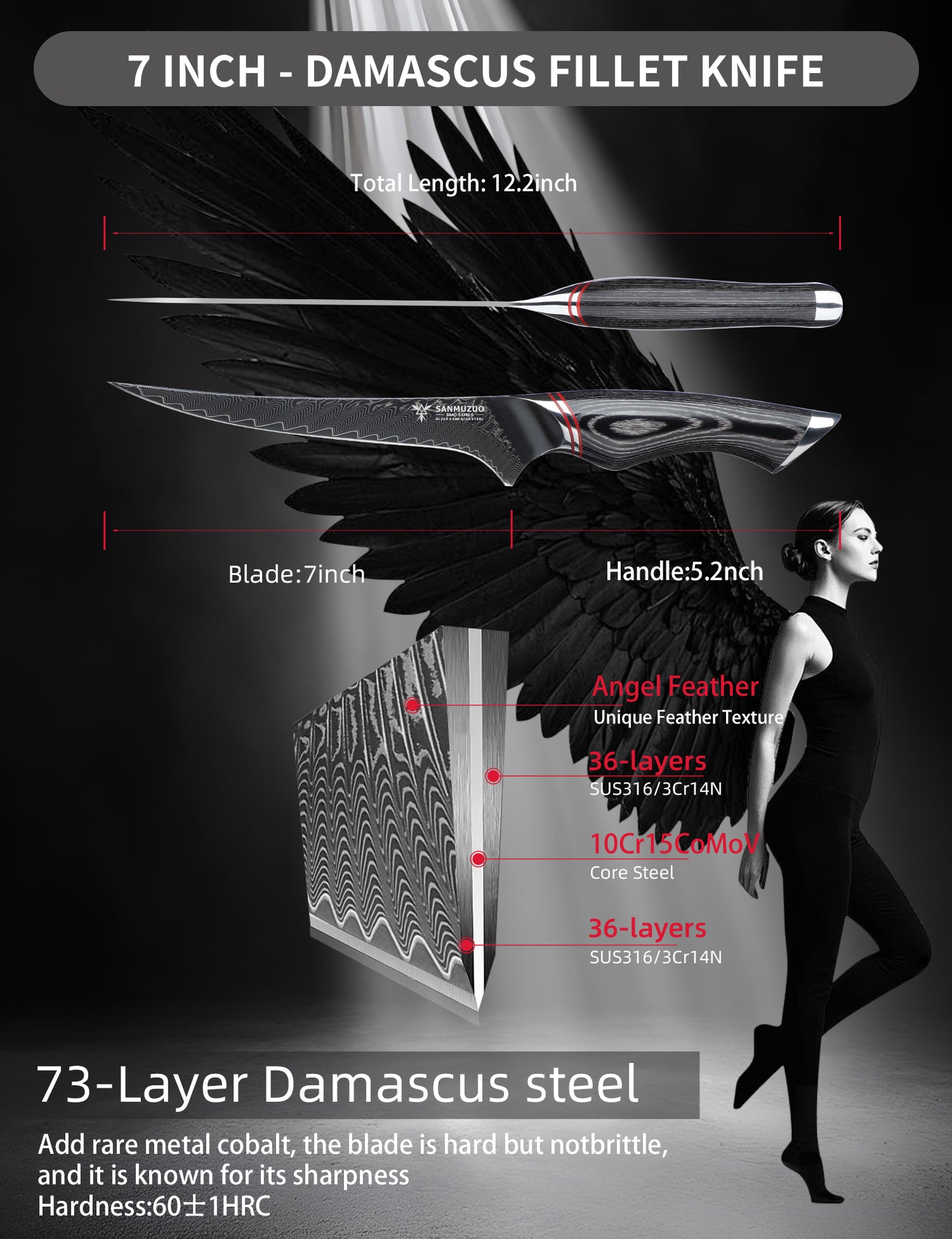 SANMUZUO 7 Inch Fillet Knife - Professional Kitchen Boning Knife - Black Damascus Steel with Ergonomic Handle - MIAO Series