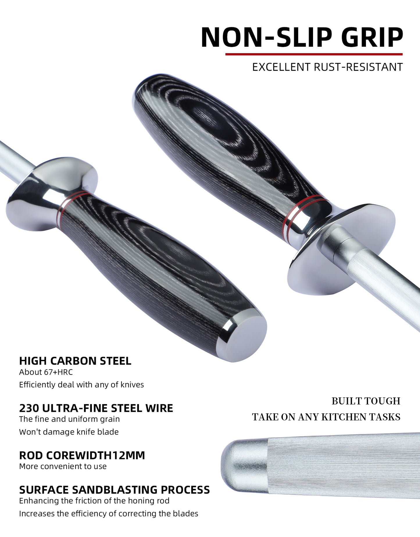 SANMUZUO Honing Rod, Sharpening Steel for Kitchen Knives – 9" Honing Steel with Pakkawood Handle – MIAO Series