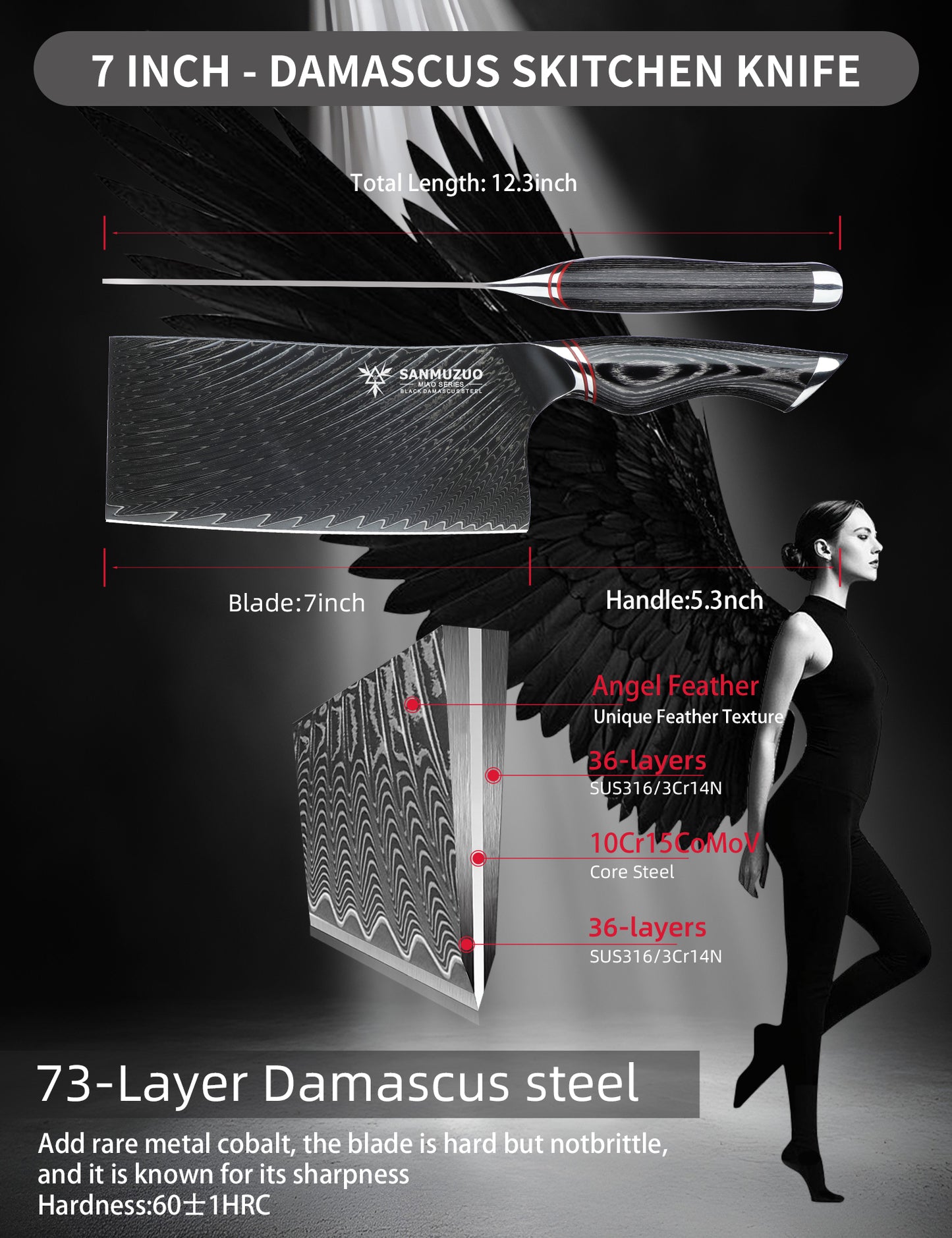 SANMUZUO 7 Inch Meat Cleaver Knife - Chinese Kitchen Vegetable Cleaver - Black Damascus Steel with Ergonomic Handle - MIAO Series