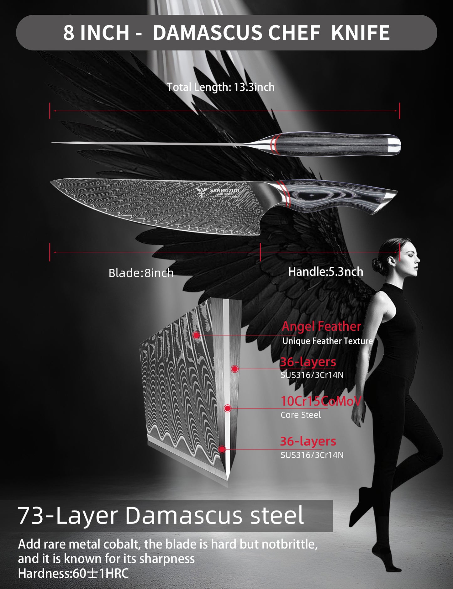 SANMUZUO Chef Knife 8 Inch - Professional Japanese Kitchen Knife - Black Damascus Steel with Ergonomic Handle - MIAO Series