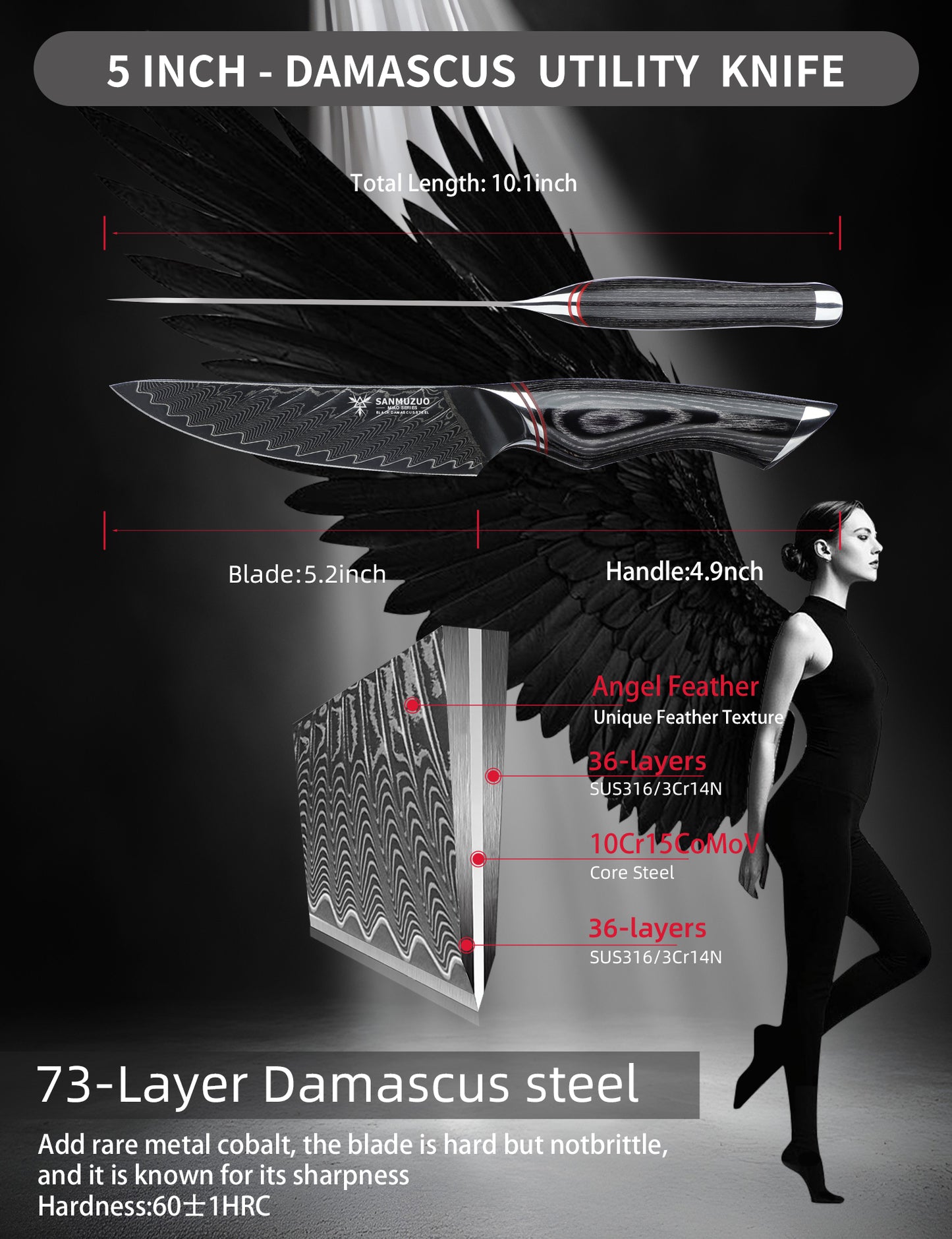 SANMUZUO 5 Inch Utility Knife - Fruit and Vegetable Knives, Black Damascus Steel with Ergonomic Handle - MIAO Series