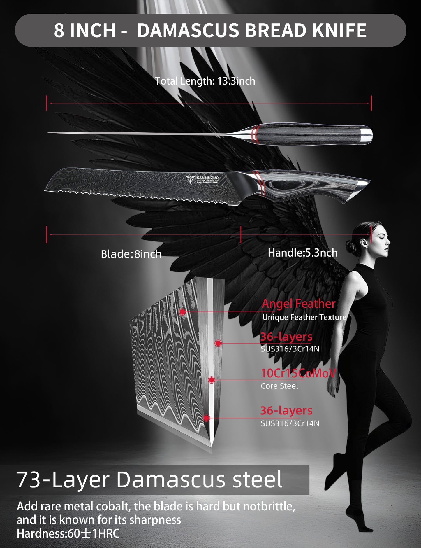 SANMUZUO 8 Inch Bread Knife Serrated Blade - Black Damascus Steel with Ergonomic Handle - MIAO Series