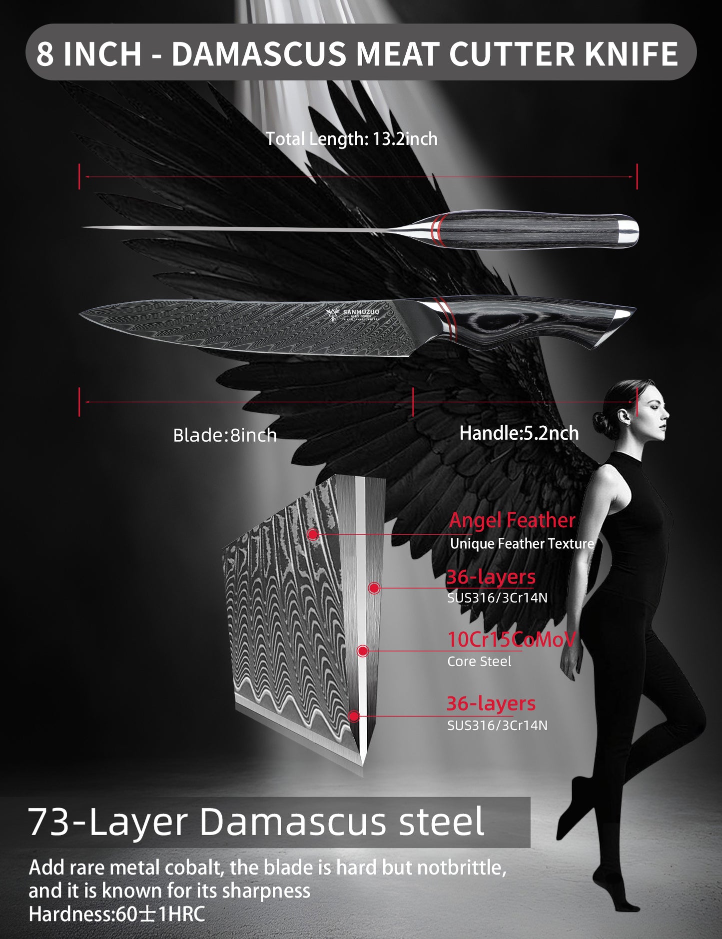 SANMUZUO 8 Inch Carving Knife, Slicing Knife - Black Damascus Steel with Ergonomic Handle - MIAO Series