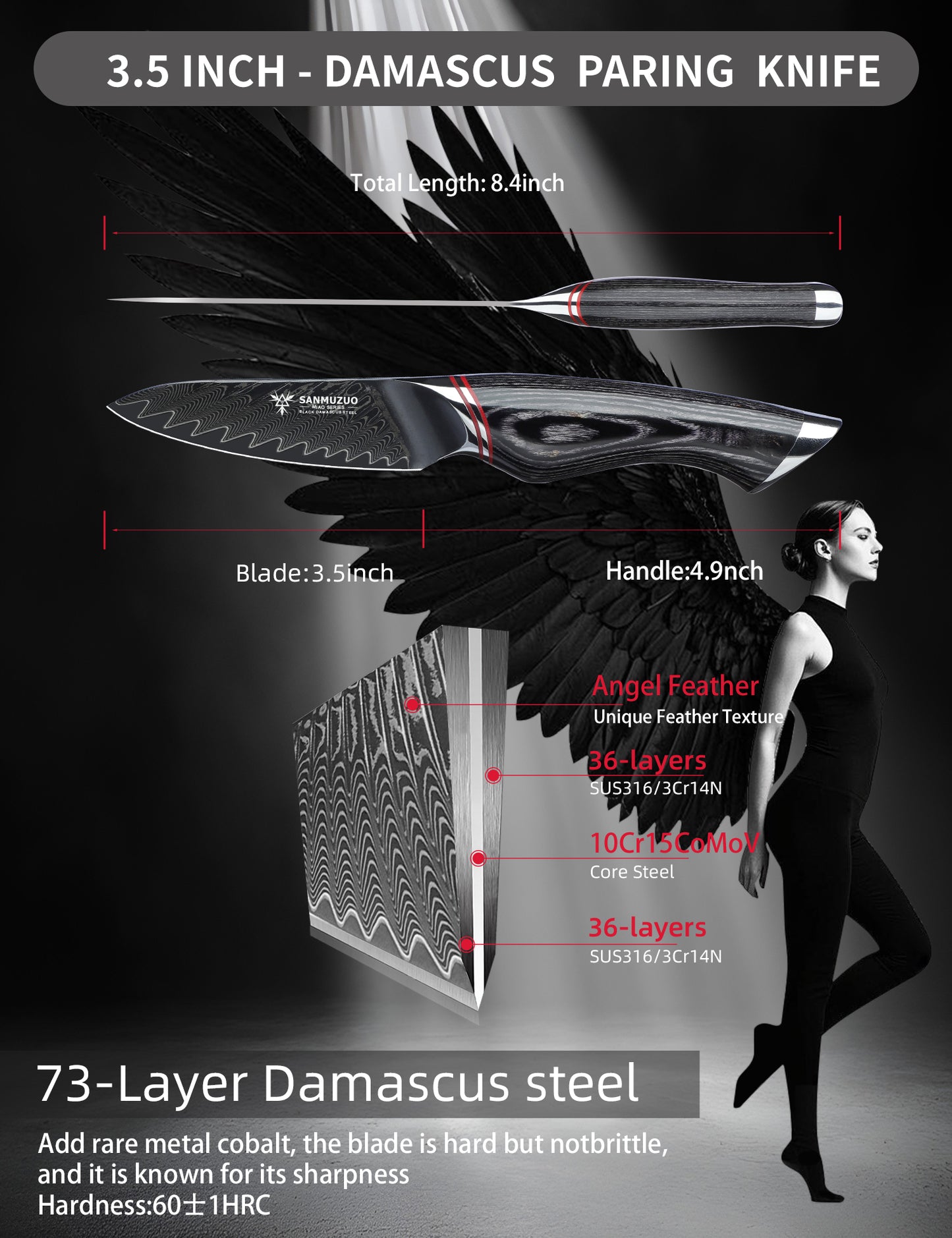 SANMUZUO 3.5 Inch Paring Knife - Fruit and Vegetable Peeling Knives, Black Damascus Steel with Ergonomic Handle - MIAO