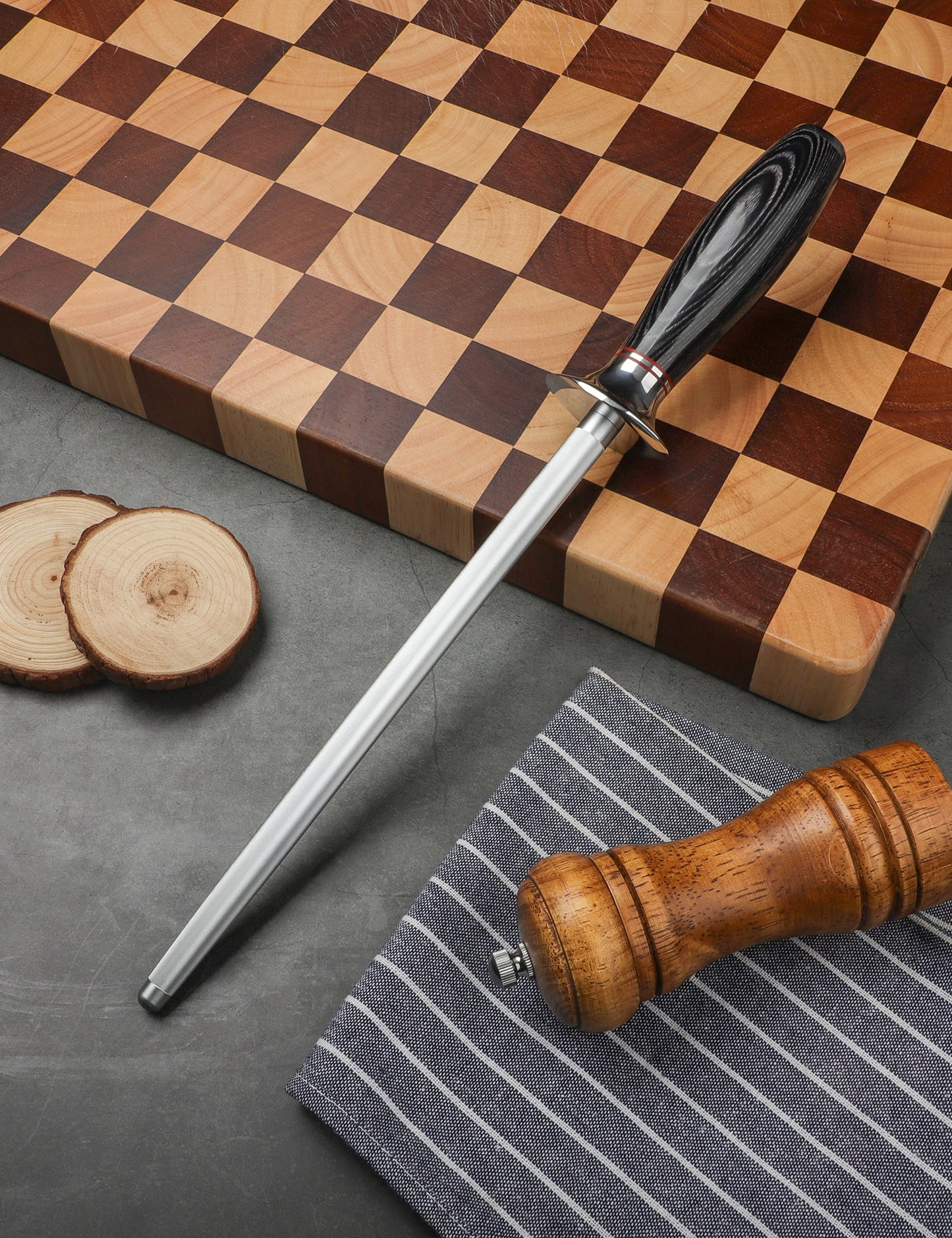 SANMUZUO Honing Rod, Sharpening Steel for Kitchen Knives – 9" Honing Steel with Pakkawood Handle – MIAO Series