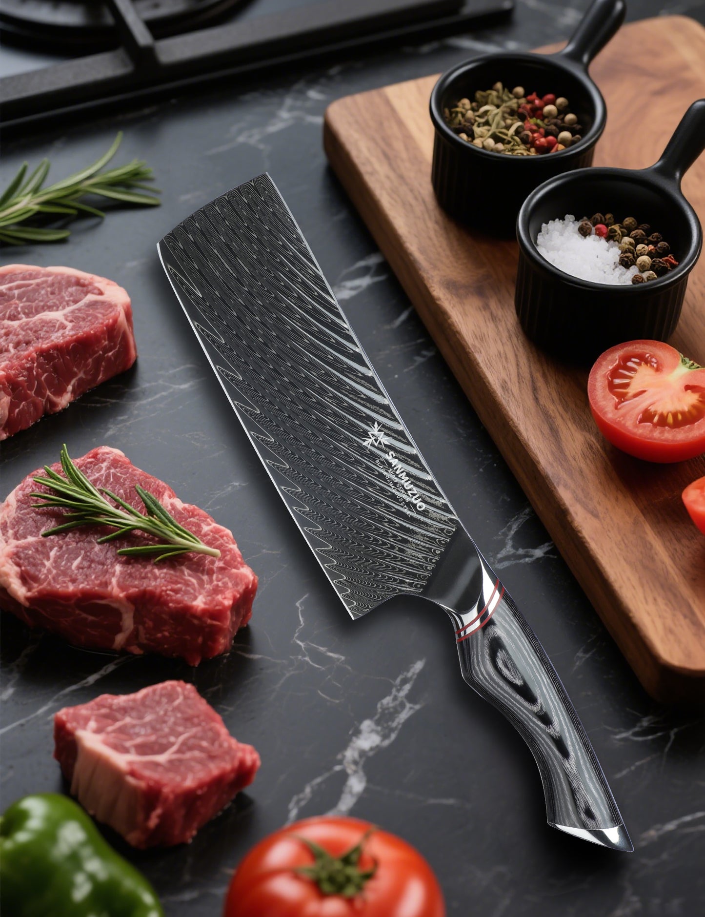 SANMUZUO Japanese 7" Nakiri Knife - Professional Kitchen Knives - Japanese Usuba Knife - Black Damascus Steel with Ergonomic Handle - MIAO Series