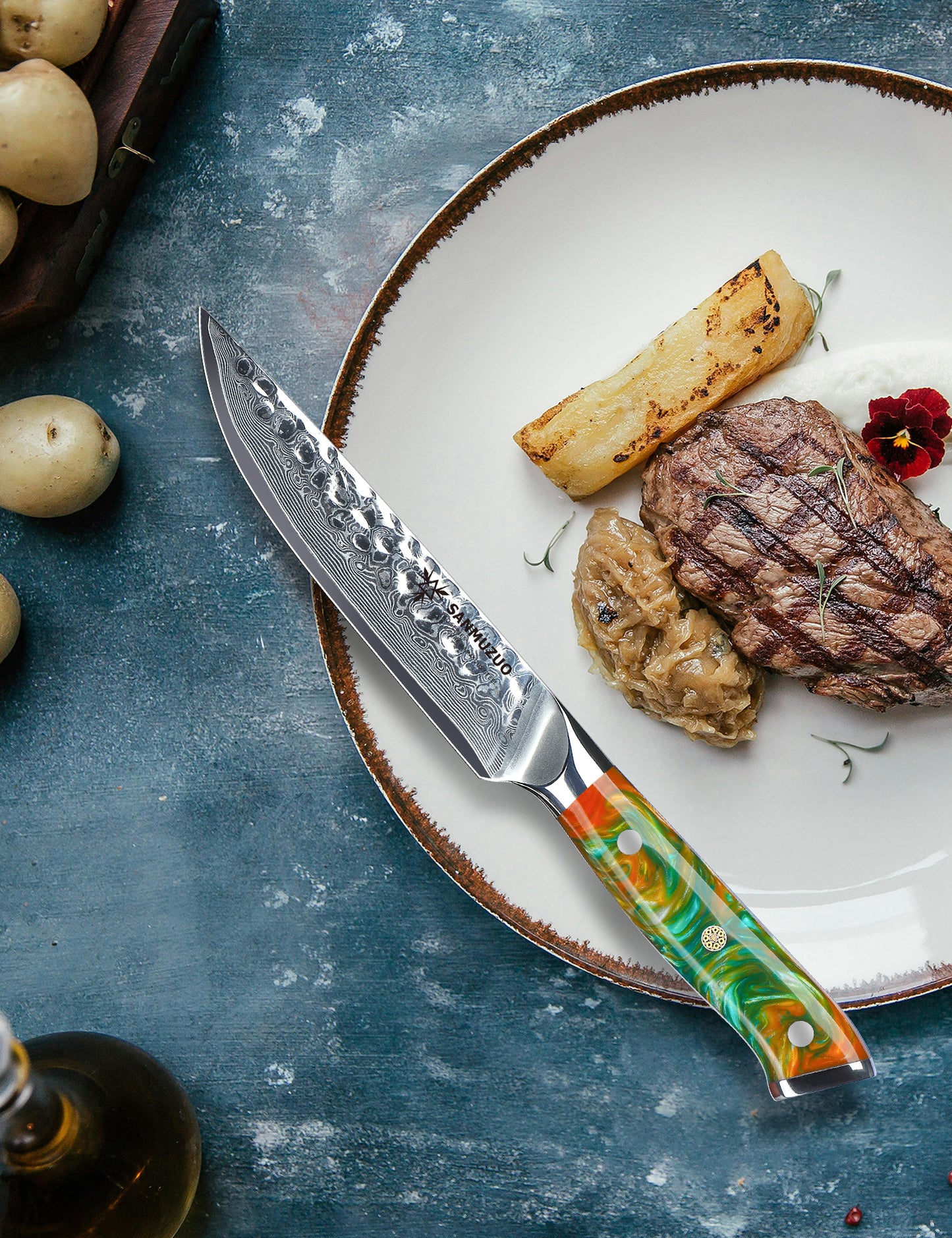 SANMUZUO Steak Knives Set of 4, Ultra Sharp Kitchen Steak Knife 5 Inch - Forged Damascus Steel & Resin Handle - Yao Series