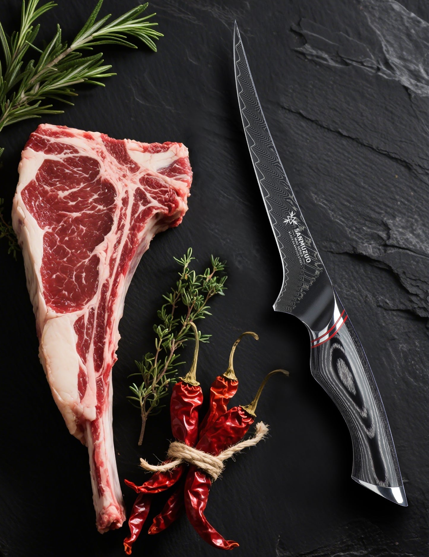 SANMUZUO 7 Inch Fillet Knife - Professional Kitchen Boning Knife - Black Damascus Steel with Ergonomic Handle - MIAO Series