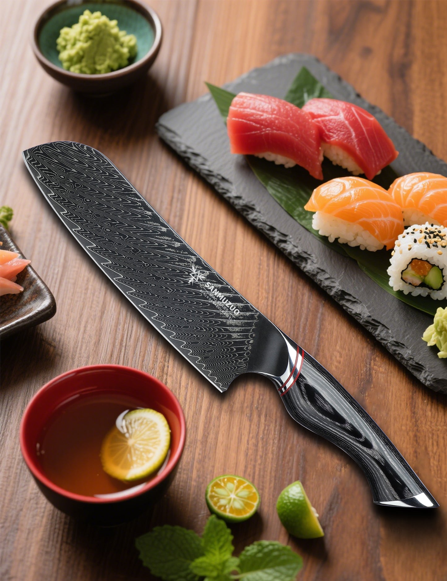 SANMUZUO Japanese 7" Santoku Knife - Kitchen Chef Knife - Black Damascus Steel with Ergonomic Handle - MIAO Series