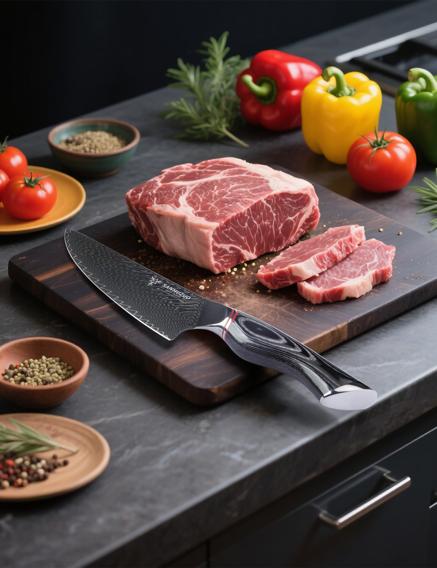 SANMUZUO Chef Knife 8 Inch - Professional Japanese Kitchen Knife - Black Damascus Steel with Ergonomic Handle - MIAO Series