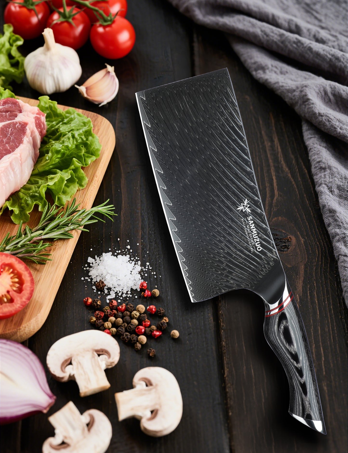 SANMUZUO 7 Inch Meat Cleaver Knife - Chinese Kitchen Vegetable Cleaver - Black Damascus Steel with Ergonomic Handle - MIAO Series