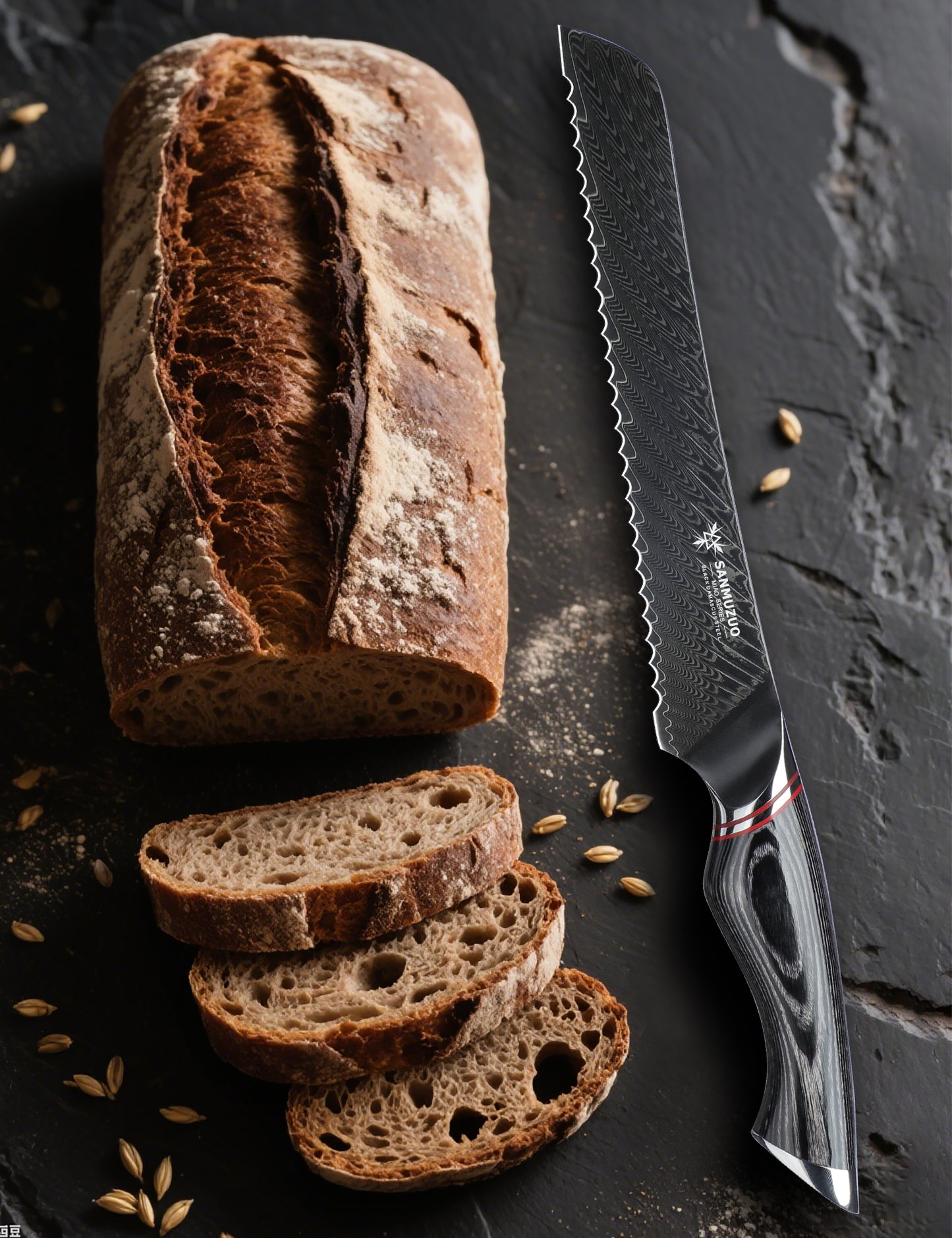 SANMUZUO 8 Inch Bread Knife Serrated Blade - Black Damascus Steel with Ergonomic Handle - MIAO Series