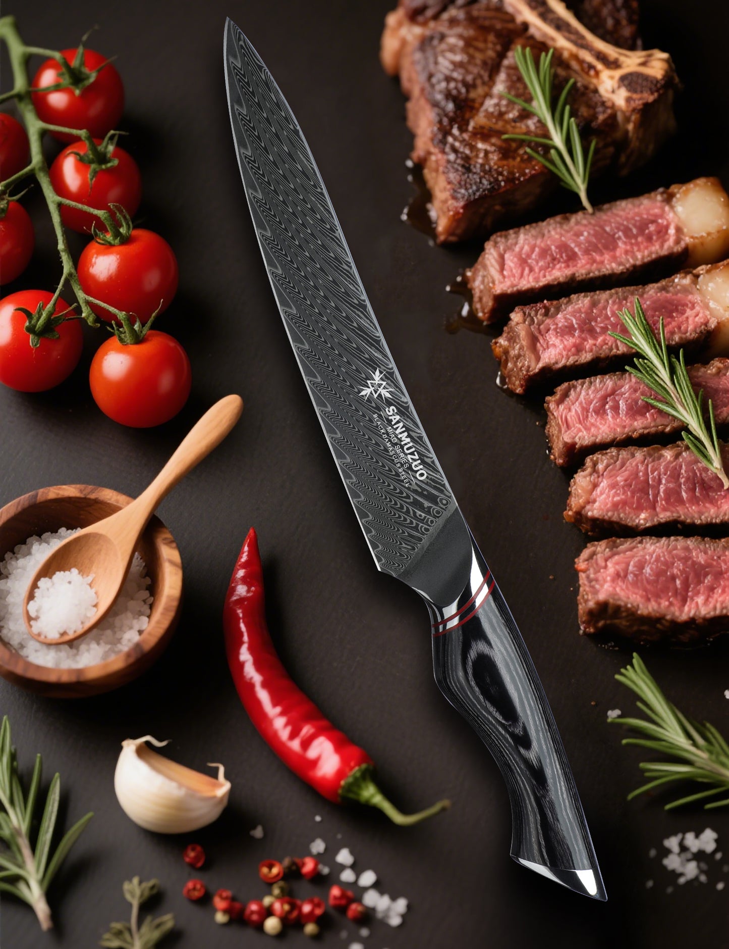 SANMUZUO 8 Inch Carving Knife, Slicing Knife - Black Damascus Steel with Ergonomic Handle - MIAO Series